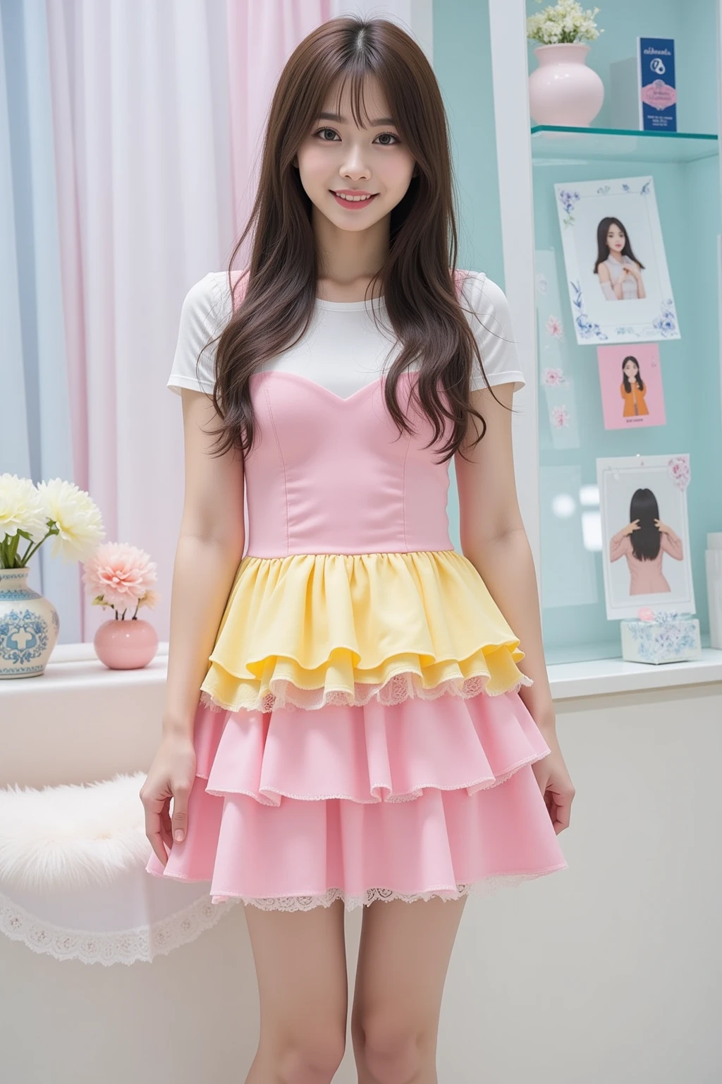 Cute Teen Idol Girl、whole body、Good style、、、、、、、、、、Sun-tanned thick legs、White and fluorescent pink punk dress、Cool girl face、
