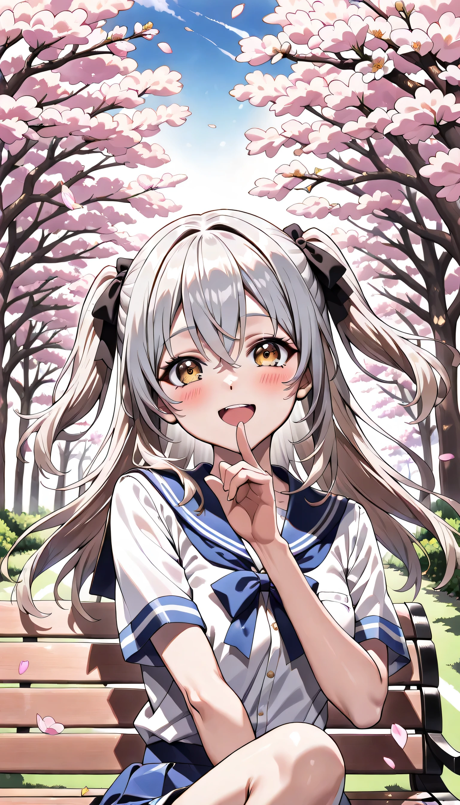 ((ultra-detailed)), (highly detailed CG illustration), (best quality:1.2), ultra-highly detailed, colorful composition, artistic photoshoot, 1girl, solo focus, ((upper body:1.4)), moe anime character, age girl, dainty facial structure, (baby face), (round face), ((rounded chin:1.2)), celia-default, celia claire, (blue eyes), sparkle eyes, ((silver hair color)), ((two side up)), ((hair ribbon with red)), ((fluttering hair)), ample breasts, school uniform, sailor suit, traditional Japanese style with navy blue and white colors, ((happy:1.5)), ((joyful:1.5)), ((laughing:1.4)), ((blush:1.4)), ((looking viewer)), ((Sitting on a bench in the park)), ((sitting with knees up)), ((sitting along the cherry blossom trees:1.4)), ((cherry blossom petals dancing:1.4)), from front, ((dynamic pose)), ((contrapposto pose)), best quality, masterpiece, expecting, pink cheek, blush, light pink gloss slip, portrait, depth of field, soft lighting, sidelighting, (shine), lighting, caustics, ray tracing, smile, perfect face, lustrous skin, highly detailed face, highly detailed eyes, perfect face, perfect nose, perfect hair, perfect eyes, perfect anatomy, beautiful hair, beautiful small face, extremely detailed face, beautiful detailed eyes, beautiful clavicle, beautiful body, beautiful ample breasts, leavage, breasts squeezed together, equalize the size of the left and right breasts, beautiful thin thighs, beautiful legs, beautiful fingers, 4 fingers, 1 thumb, lovely, (very detailed background:1.0), (highly detailed background:1.0), spring aesthetic, intricate details, joyful atmosphere, spring colors palette, chromatic aberration