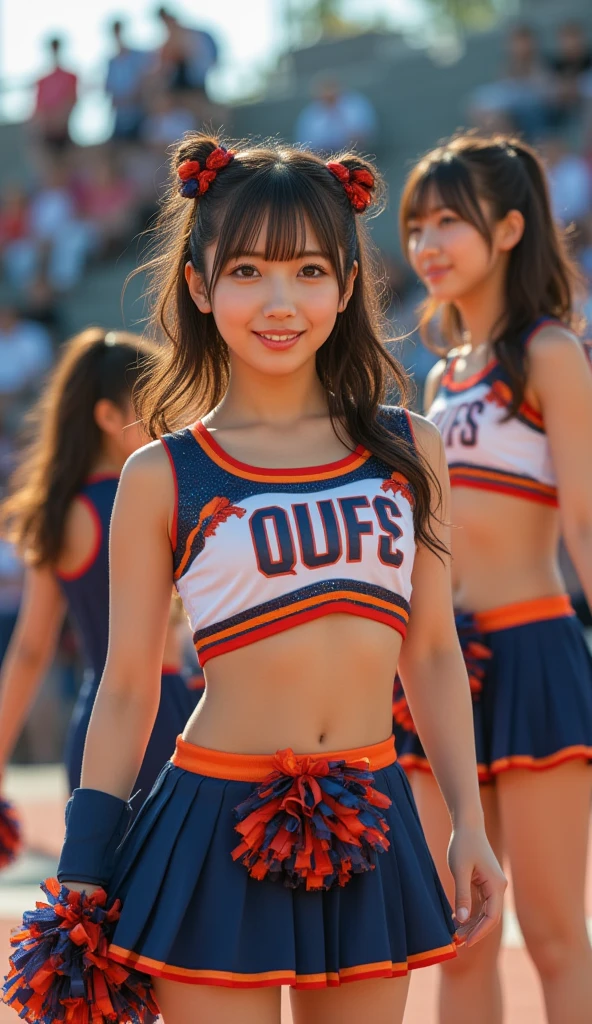 Highest quality,masterpiece,Ultra-high resolution, Very detailed, 8K,a 15 years old beautiful Japanese woman:1.5, Small face, Black Hair, blunt bangs, Breast Augmentation Surgery, (Gorgeous cheerleader costume:1.5), Stadium seats、 Detailed very smelly armpits