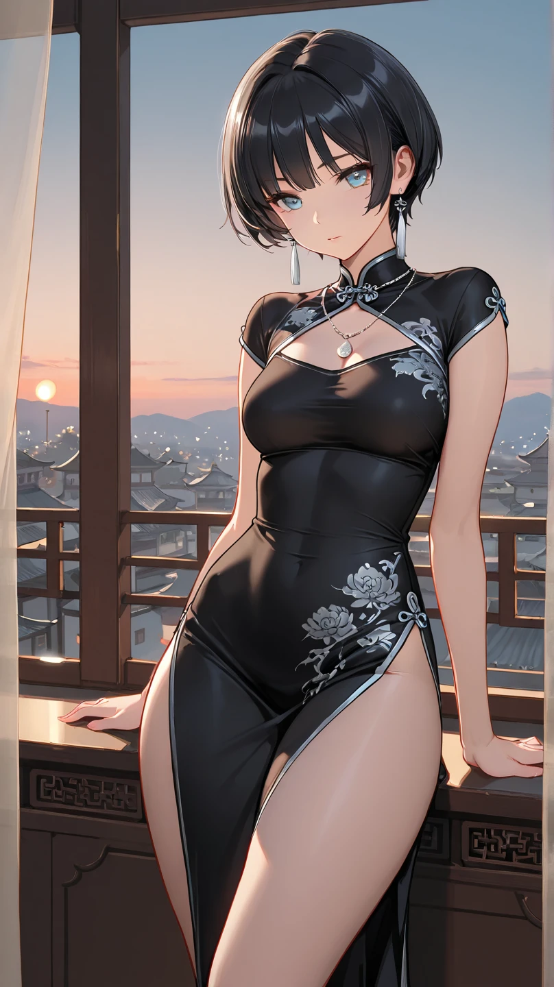 score_9,score_8_up,score_7_up,masterpiece,best quality, source anime, realistic, super detailed, extreme detailed, rating_safe,
1girl, fighting pose, one led lift, pantyshot,
BREAK girl, 22yo, short hair, bob cut, (blunt bangs), black hair, (tareme, detailed cute brown eyes), curled eyelashes, (large breasts:0.9),
shiny hair, beautiful detailed eyes, beautiful face,
slender, small ass, slim legs,
body conscious cheongsam, serious, abandoned Chinese restaurant