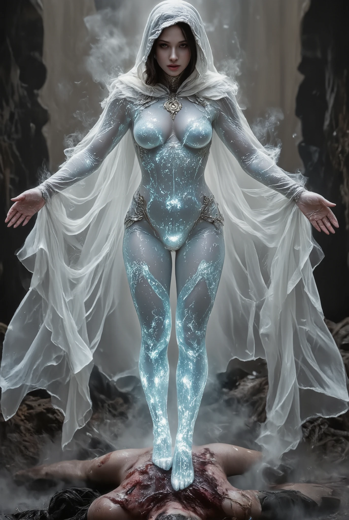 Humanoid woman made of crystals, Her body is translucent and filled with mist inside, with rune symbols all over his body with open arms, with a white hooded cape with light fabrics that spread to the floor in silver details, dc comics art image with the entire body outlined, hovering over her dead warrior blooded body