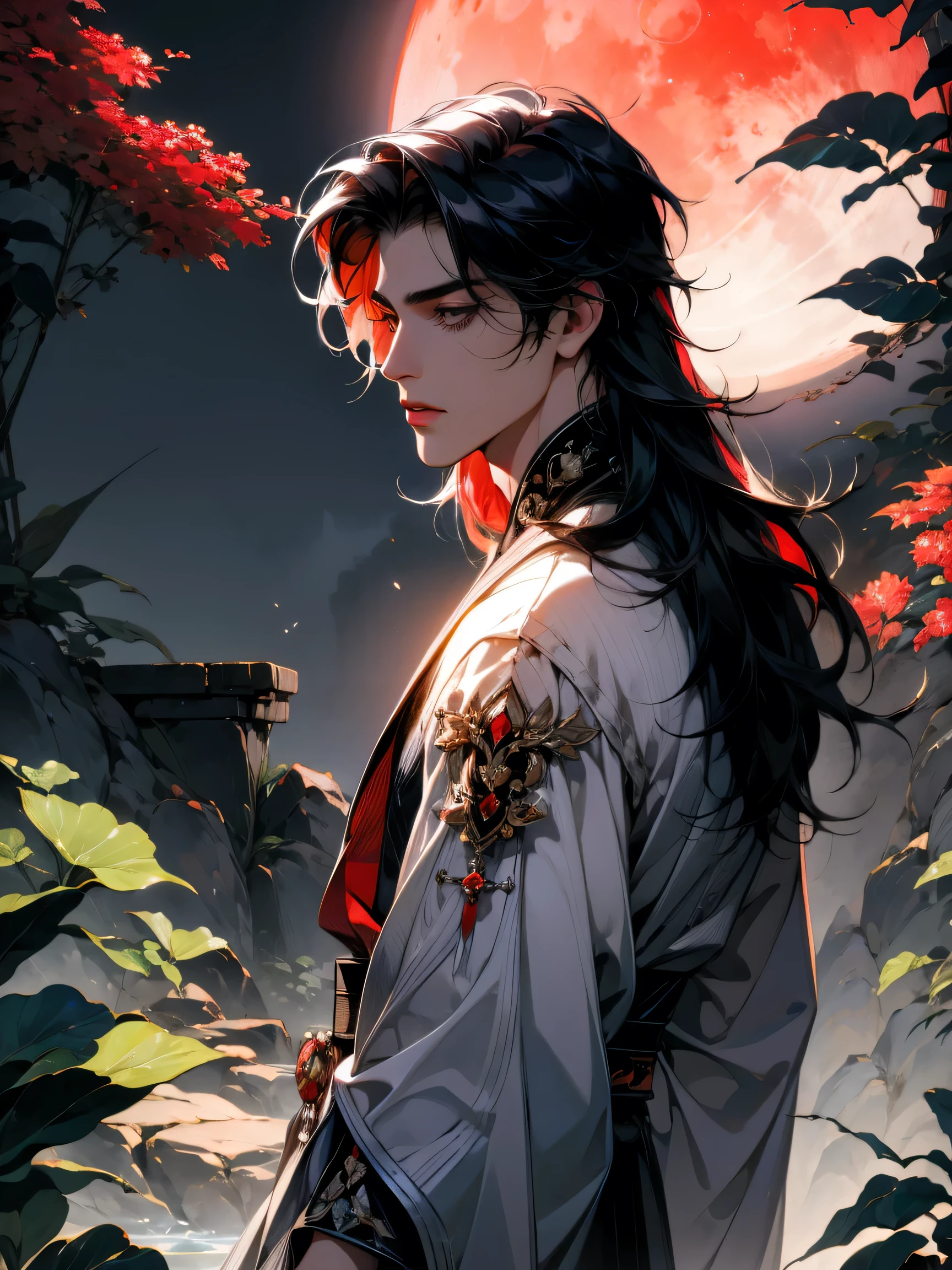 Long haired male warrior black Chinese robe, Krabi mobile. The back is a red moon