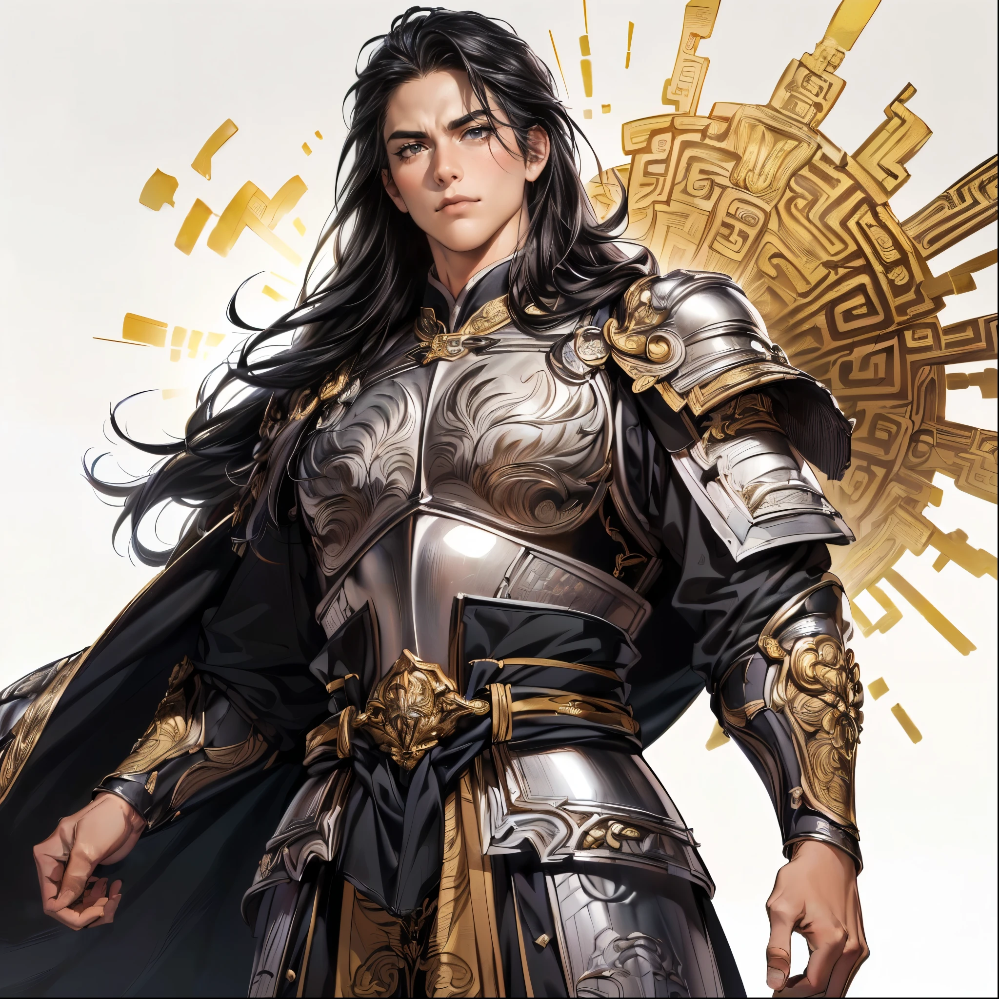 (Best Quality,4K,8k,Hi-Res,masterpiece:1.2),super detailed,(super fine illustration),(((One Man in Armor))),20 years old,Heroes of the Three Kingdoms,(((Beautiful Youth:1.3)),beautiful face,Small face,Perfectly symmetrical face,Extremely Sexy Man , detailed eyes :1.3, perfect eyes,(( Attractive Dark Eyes :1.3)),(((beautiful long black hair:1.3))),((fresh smile:1.2,Thin eyebrows, well-trained body)),cinematic lighting, soft shadows,((Ancient Chinese silver armor engraved with gold engraved down to detailed works of art:1.3,A flashy battle robe with prominent gold embroidery on top of the armor:1.3,dynamic pause:1.3)),((cowboy shot:1.2)),(( WHITE BACKGROUND :1.3,simple background:1.3)),(( standing:1.3,Depicted like a Model:1.3,Distant view:1.2),from below