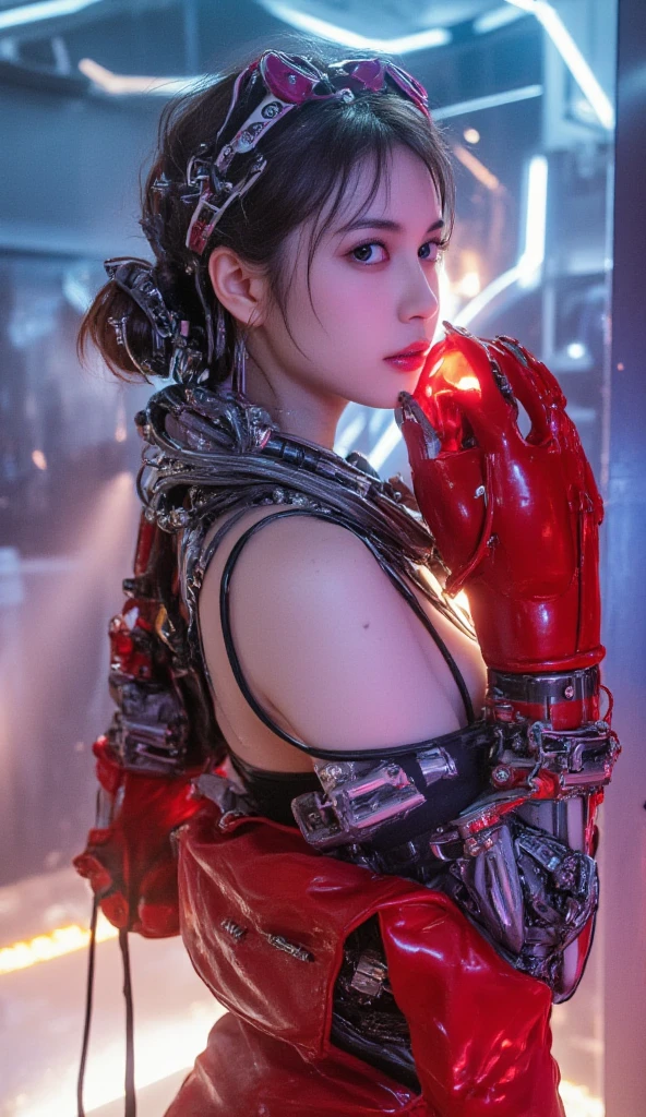 (((Masterpiece))), ((Best Quality)), ((Ultra-detailed)), (CG Illustration), (Very cunning and beautiful.)), (Cute desktop face), Cinematic light, ((1 Mechanical Girl)), single, Full, (machine-made joints). : 1.4), ((mechanical limb)), (Blood vessels attached to the tube), ((Mechanical vertebrae attached to the back)), ((Mechanical cervical spine attached to the neck), ((war machine)), Expressionless, (wires and cables attached to the head and body: 1.5), (Character focus), Science-Fiction