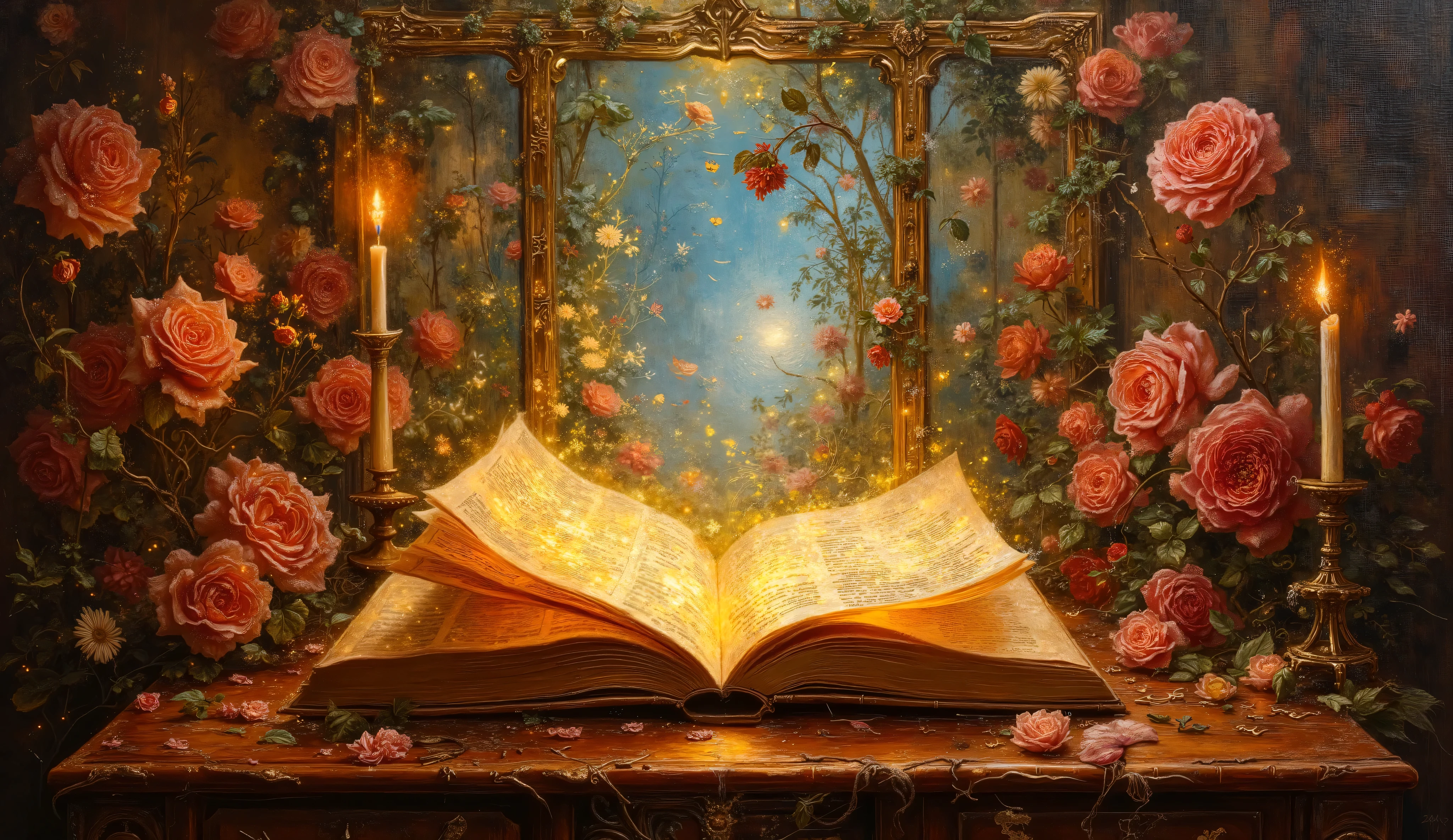 An oil painting inspired by John William Waterhouse, depicting an ancient book on an antique desk, its pages releasing luminous letters and vines of roses, creating a dreamlike portal, warm candlelit glow, deep rich colors, soft shadows adding a sense of mystery and fantasy --v 5 --stylize 1000