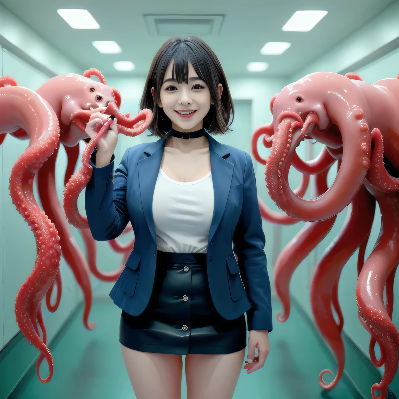 Best Quality、masterpiece、SF, surreal, Girl attacked by slime、 full body photo, Tentacles in front of your eyes、tentacles in front of your face, Tentacles stretching towards the girl, tentacles, (white shirt、miniskirt、Navy Blue Jacket), big breasts, (( Layered Haircut )),(8k,Best Quality), shooting from a distance , adorable by design, smile, long brown hair , 32K, masterpiece, Best Quality, Ultra High Resolution, black choker、 almond eyes 、bangs、very rich and long eyelashes、 thighs, happy expression, smile, Meeting Room、(( Bite the tentacles)), Tentacles stretch for a long time, tentacles, tentacles wrapped around ,Mucus, Love juice, semen , open mouth, slime shapeshifter
