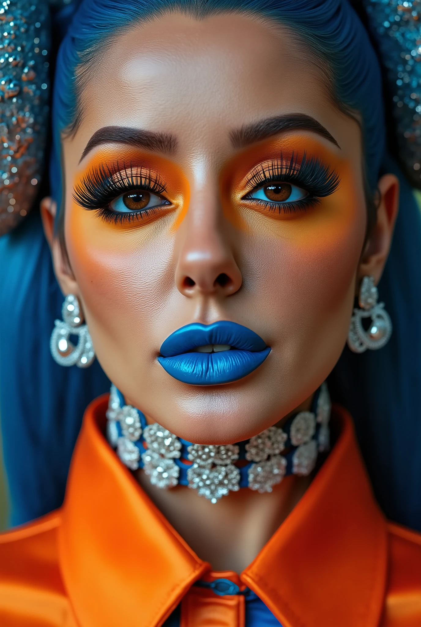 incredibly long and voluminous eyelash extensions, Bright orange makeup, blue hair , diamond earrings , collar, blue lips, kiss, Hair pulled back,