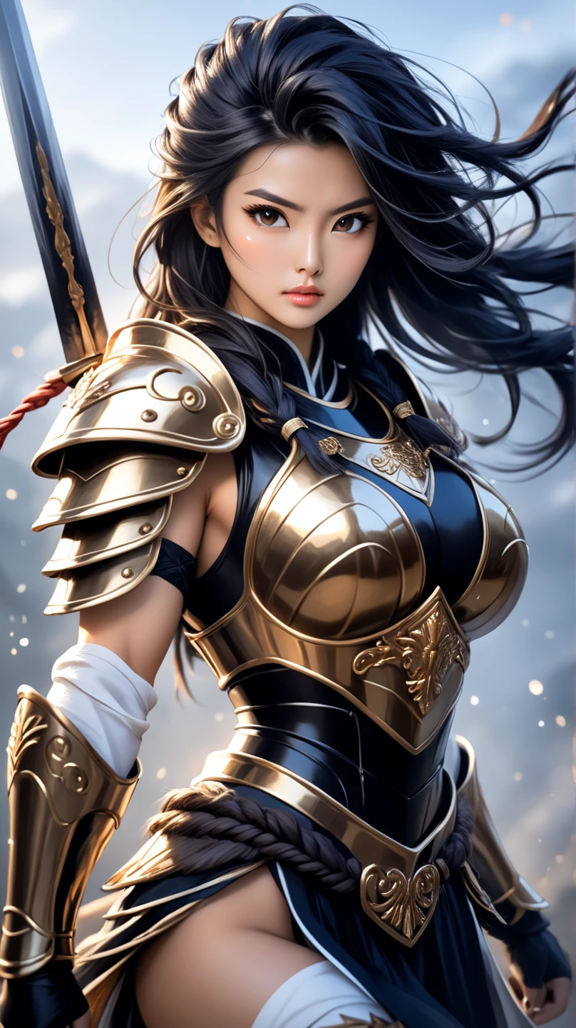 comic art style, intricately detailed lines, naturally soft colors, delicately neat, Chinese female warrior in armor, intense battle, epic cinematic shot, damaged armor, exposed skin, nudity, love