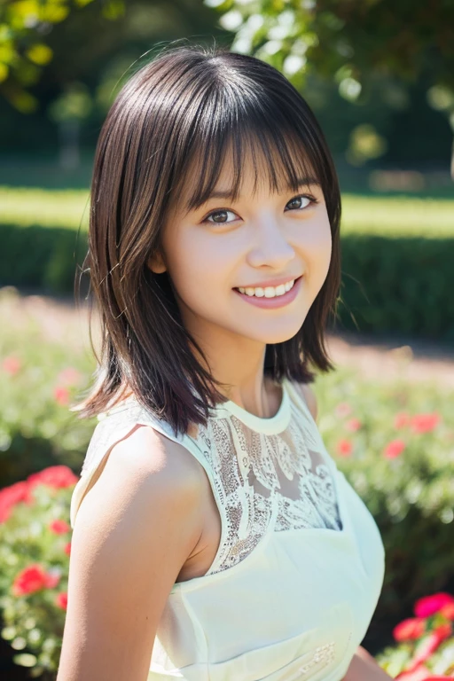 in english garden,Rose,Beautiful woman,((solo)),Japanese,swept bangs,bob hair,Black hair,take a close-up face,sleeveless shirt,hot pants,god smile,Shy smile,Smooth skin,beautiful cleavage,NSFW,masterpiece,best quality,ultra detailed