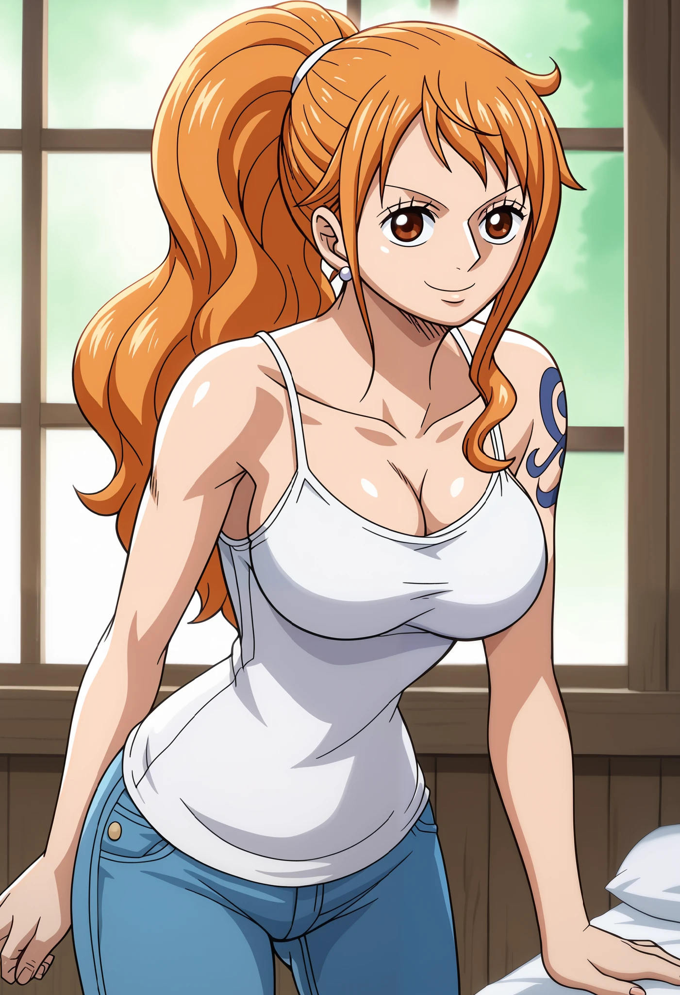 score_9_up, best quality, cowboy shot, anime_source, anime style, (SOLO:1.7), 1girl, Nami, orange hair, (white comesole:1.4), morning, (ponytail:1.7), (serious smile:1.3), (curvy body:0.7),), (slightly looking at the viewer:1.2) (Medium breasts:1.5), jeans, (tiny biceps:1.2), (cooking:1.5), looking forward, (slightly from right:0.6), shoulder tattoo, (leaning forward:1.5), (burning:1.6)