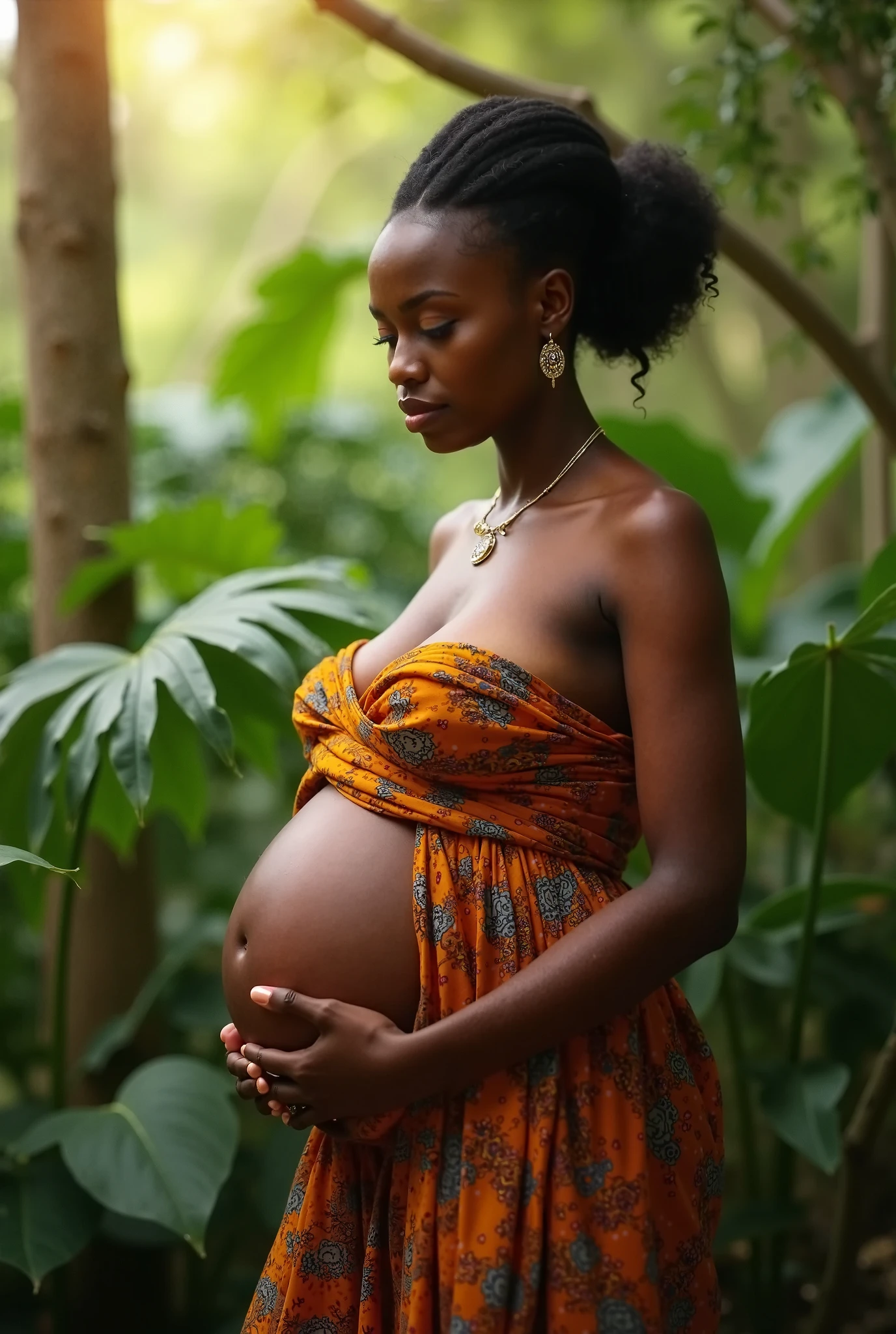A typical woman from Ivory Coast, wearing typical Ivorian costumes and accessories. Inside a traditional Ivory Coast location. With colors of the Ivory Coast flag. chubby. beautiful face. Linda. hyperrealisti. hyper detailled. pregnant breasts. sitting on a bench. Kale. at dusk. 9 months pregnant.