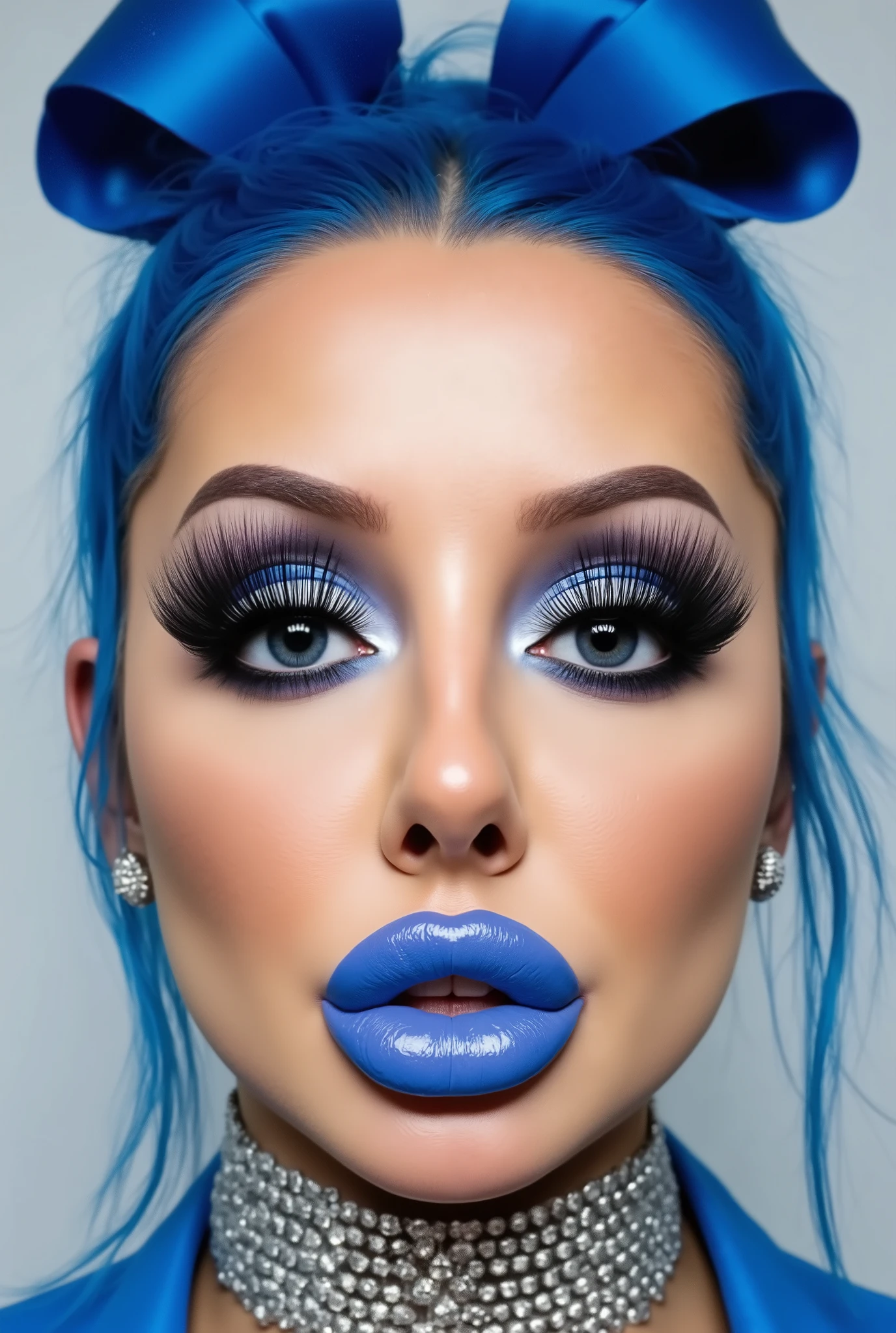 incredibly long and voluminous eyelash extensions, bright blue makeup, blue hair , diamond earrings , collar, blue lips, lips shaped as if about to kiss, bow-shaped hair ,