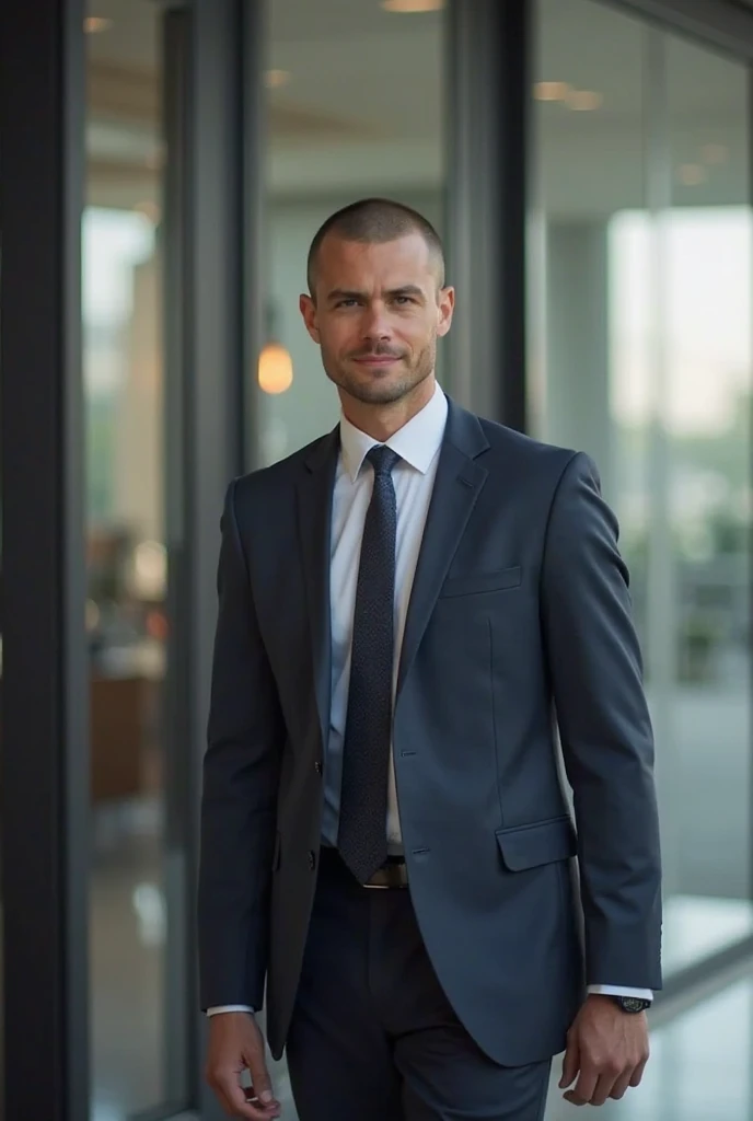 A businessman arriving at the office of the company Open Start, to close a deal with the owner of the marketing company Kadu who has the appearance of short hair shaved brown and tall in a suit and he signs and closes the deal