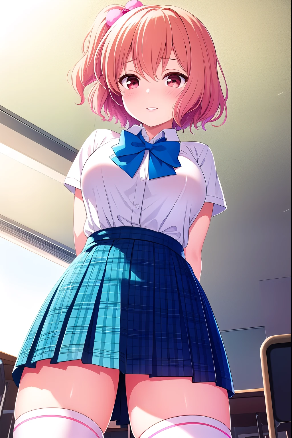 ( masterpiece, Best Quality), very detailed background, perfect lightingBest Quality, (close-up angle from below:1.4), (arms behind back:1.6), Tomura Michiru, Alone, indoors, SCHOOL CLASSROOM, orange hair, One side up, pink hair bobble, hair between eyes, short hair, red eyes, medium boobs, (Blue Bowtie:1.3), white shirt, Short sleeve, blue skirt, plaid skirt、white thin thighs,、white knee socks, Glossy、 school uniform, Laughter、blush, pink lips,