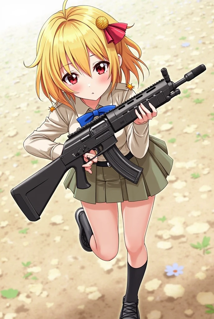 (anime artwork, anime style, studio anime, very detailed, up to date, vibrant, Anime Coloring, high contrast, masterpiece:1.2, best quality, best aesthetics),camouflage clothing,camouflage helmet, pleated skirt, Medium chest, A glimpse of thighs,random hair, One eye is hidden by the bangs, perfect proportions, high detail skin, Cute, detailed faces, random sexy pose,forest, precise fingers,panty shot Girl shooting automatic rifle, (muzzle explodes:1.2), (looks into sight), finely drawn automatic rifle, bulletproof suit, (turn towards the viewer), syncs body orientation and gaze, dynamic angle, battle, war,