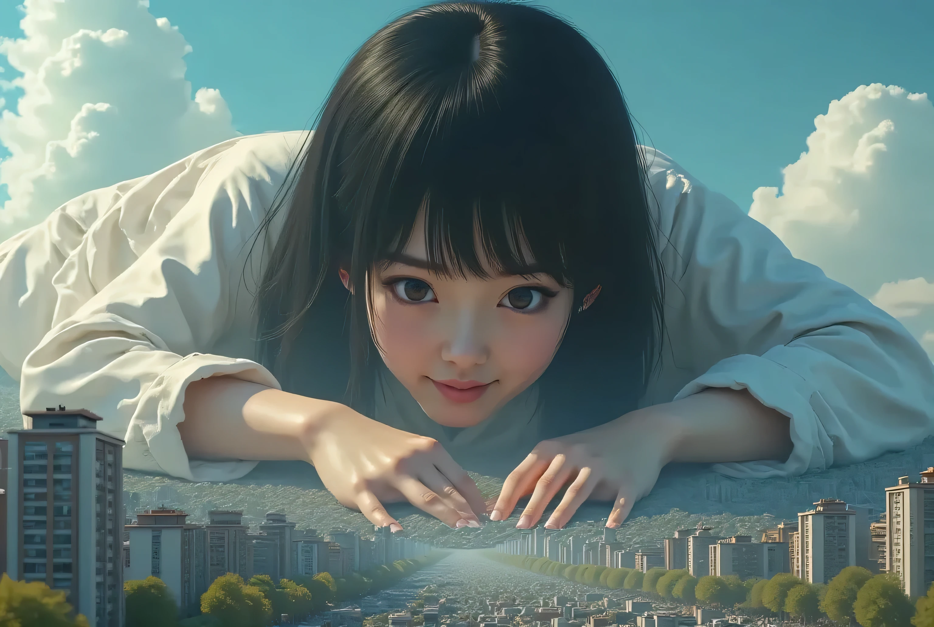 Super Best Masterpiece Japanese Giant Girls, 16k, best image quality, Ultra High Resolution, Super Giant girls, cute smile girl, Super Big Breasts , Super small city, Super Small World, Shocking Destruction of Cities, World Destruction , 超级巨人女孩人群, Ultra Low Wide Angle View, ( A hopeless super realistic depiction of a beautiful yet super overwhelming Super Giant girl's hands and Super Big Breasts pressing the ground of a very small world and a group of buildings collapsing)