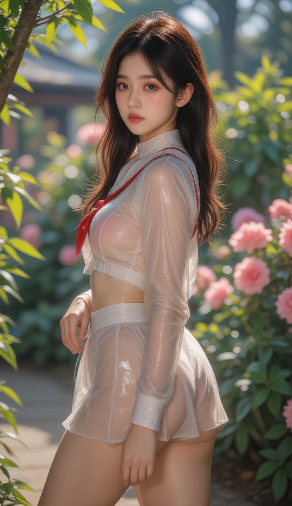 1girl, looking at viewer, pink hair,wet see trought dress, Masterpiece, highres, high Quality, detailed face, detailed body render,