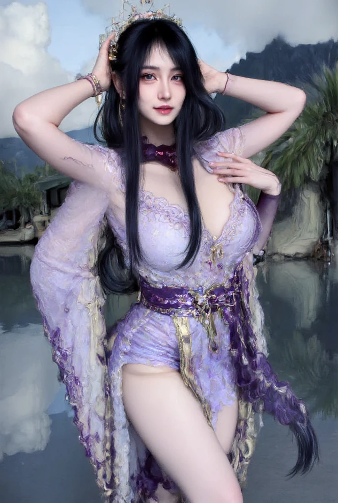 Draw a female elf,Wearing a purple silk gauze skirt,Wearing a purple gemstone on the chest。Long purple hair and pupils,Pink patterned nails and pink lips,Delicate melon seed face。
she is very soft,Exudes a mature charm。In line with Chinese aesthetics