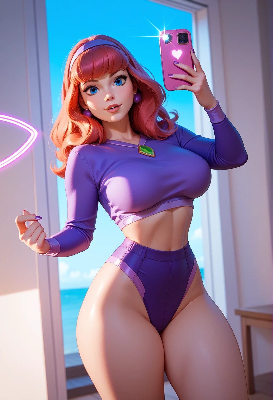 Selfie Daphne Blake , wearing a purple , thick thighs , big breasts, red hair, bright blue eyes , High resolution , cartoon style, vibrant colors ,glow, perfect anatomy , bottom: blue sky