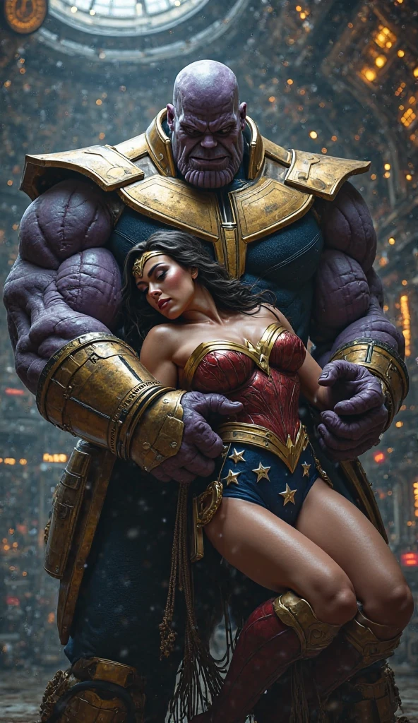 a woman in a wonder woman costume is being choked by a man in a black mask, dressed as wonder woman, arabian wrestling man, amouranth as a super villain, posing heroically, strangled with arm, vine, wonder woman holding man arm, wonder woman, super heroine costume ((highest quality)), (4k, highly detailed, high-detail RAW color photography, masterpiece: 1.2), (realistic and realistic photo: 1.37), global lighting, reality lighting, photon mapping, physically based rendering, Wonder Woman, clenched teeth, frowning, pain, deep breathing, eye half closed, (intricate details, makeup), (delicate and beautiful delicate face, delicate and beautiful delicate eyes, perfectly proportioned face), (realistically moist skin: 1.2), (drenched body: 1.2), (wet skin), wet hair, delicate skin, strong and realistic blue eyes, realistic black hair, lips, makeup, natural skin texture, tiara, jewelry, stars \(symbol\), Leotards, bulletproof gauntlets, red boots, golden girdles, (public clothing: 1.5), bare shoulders, slightly sunburned skin tone, mature, sexy, elastic muscles, (muscles:1.2), ((strong and healthy body)), ((((more) muscles))), long legs, curves, (big breasts: 1.3), thin waist, soft waist, (delicate skin), (beautiful and sexy woman), (swollen lips: 0.9), (eyelashes: 1.2), very delicate muscles, ((dirty)),