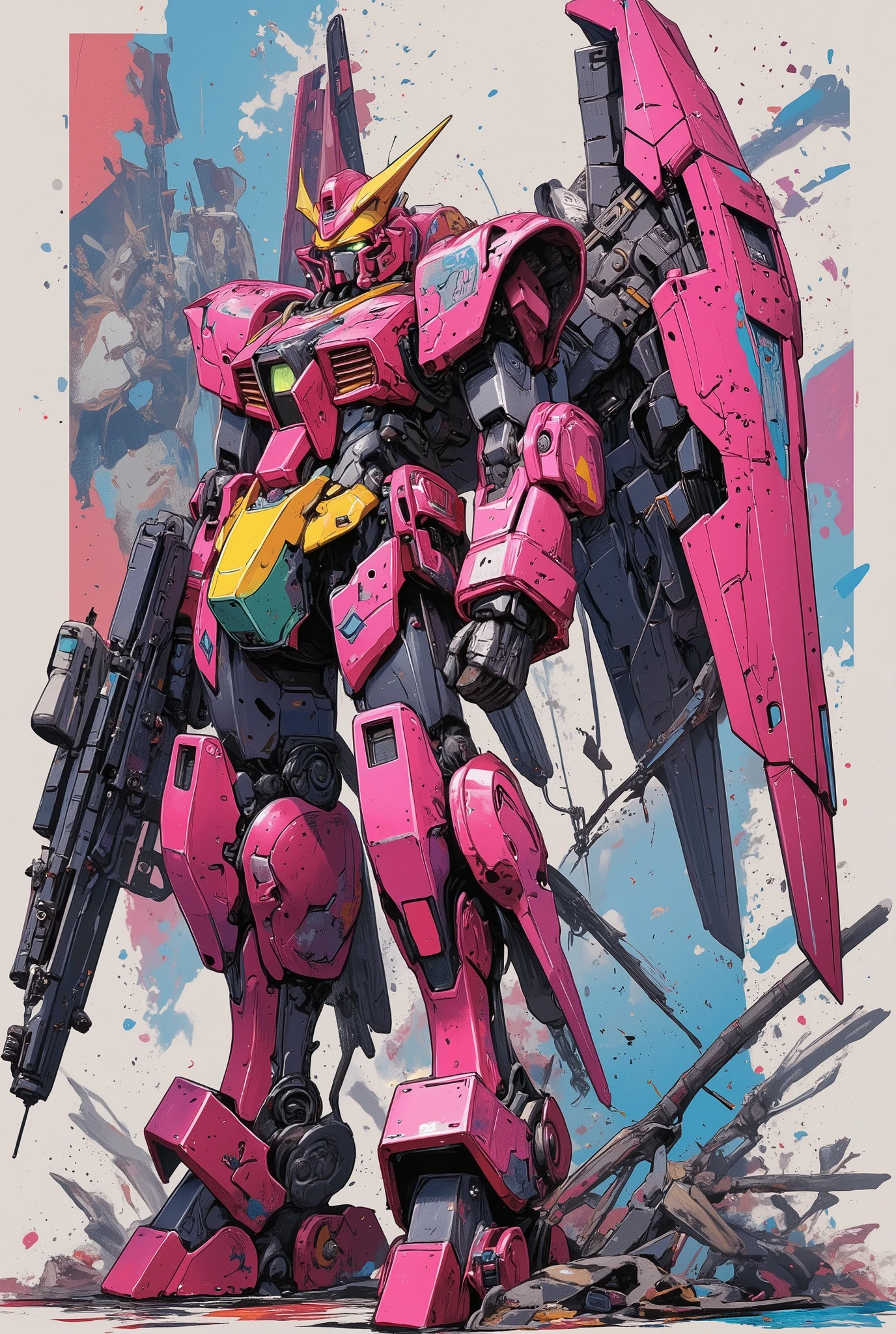 gun and robot with a picture of a gun , pink streamlined armor , 現代Mecha アニメ, クールMechaスタイル, 女性 Mecha, Gundam armor floating inside, Mobile Suit , アニメ Mecha アーマー, #Mecha, 妨害Mecha, with the first unit in the back Eva , anime manga robot !! Anime Girl , an anime large meca robot, Gundam Style
