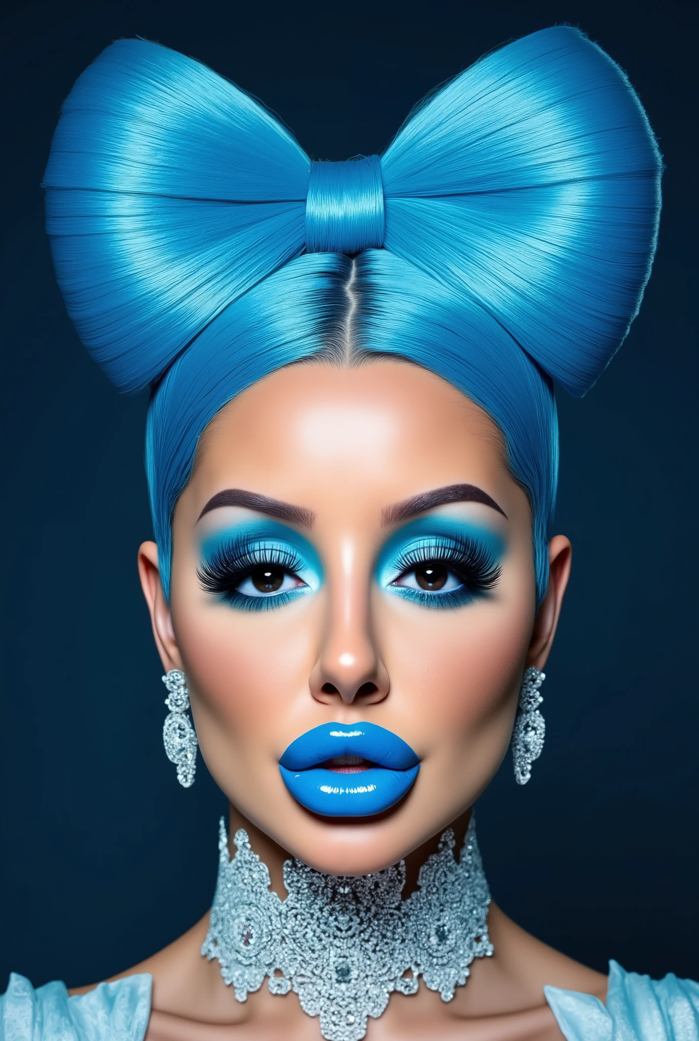 incredibly long and voluminous eyelash extensions, bright blue makeup, blue hair , diamond earrings , collar, blue lips, A woman with fish lips, bow-shaped hair ,