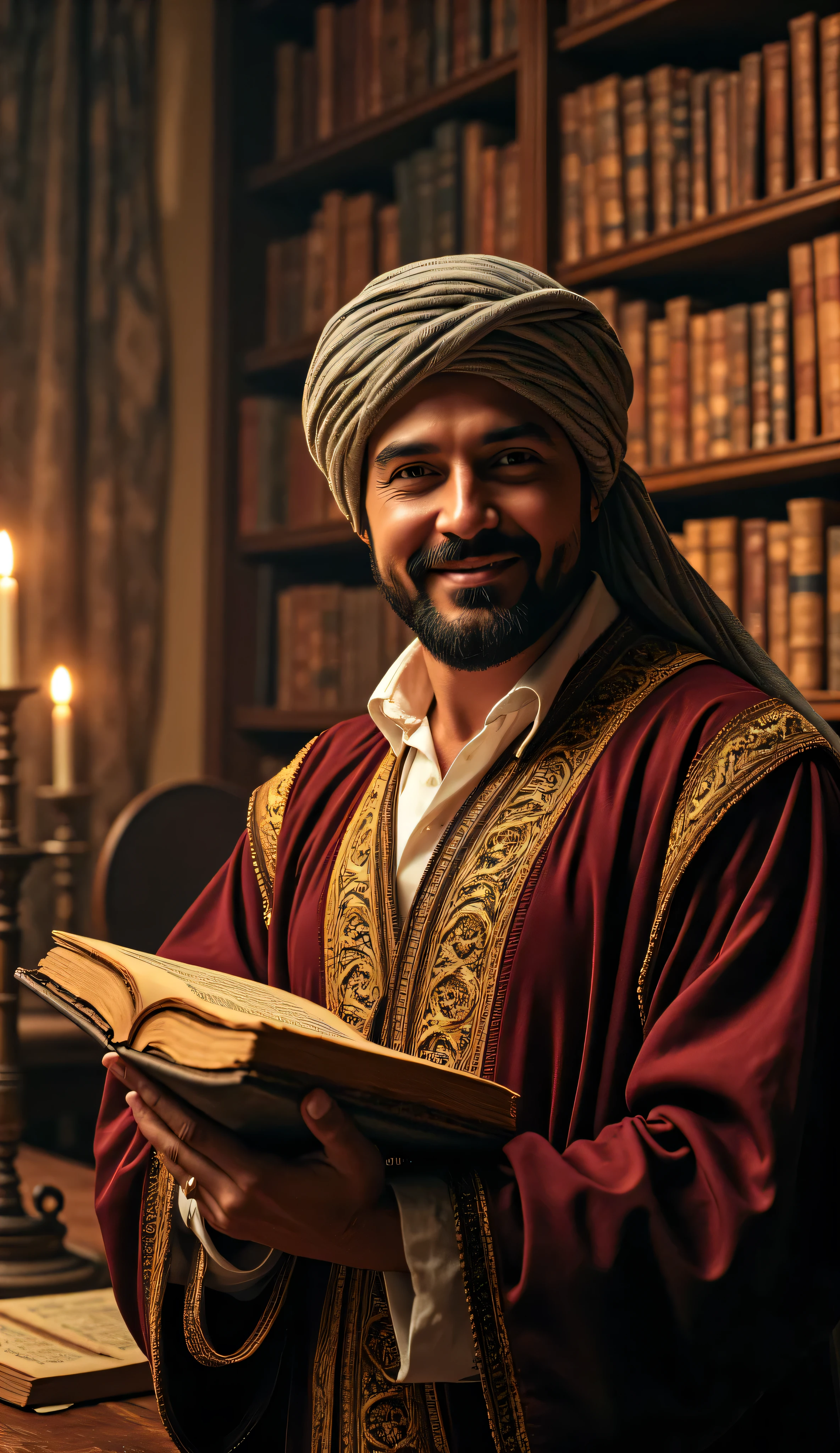 **Prompt:** Envision an enchanting medieval library, where time stands still amidst towering shelves brimming with ancient manuscripts and illuminated by the gentle flicker of candlelight. In this captivating scene, place a dashing middle-aged Arab scientist at the heart of the library, adorned in an elegant, intricately embroidered Arabic robe complemented by a traditional turban. He cradles a collection of ancient texts, his warm smile inviting viewers into a realm of knowledge and discovery. His facial features harmoniously meld the handsome qualities of blending Christian Bale, Leonardo DiCaprio, and Ryan Gosling face. The library’s backdrop reveals grand and ornate bookshelves, richly laden with historical volumes that whisper tales of scientific curiosity and exploration. Employ hyperrealistic detail and medium-angle composition to capture the essence of golden hour light, which bathes the room in a warm, golden hue. Showcase ultra-realistic textures in every element, ensuring the composition draws the eye towards the scientist, surrounded by the rich ambiance of ages past. Utilize depth of field techniques to heighten realism, crafting a stunning visual narrative that encapsulates a journey of wisdom and discovery. Strive for a cinematic finish reminiscent of award-winning documentary photography, allowing every detail to shine in UHD quality. (Realistic hands: fixed correct full fingers anatomy:1.5)