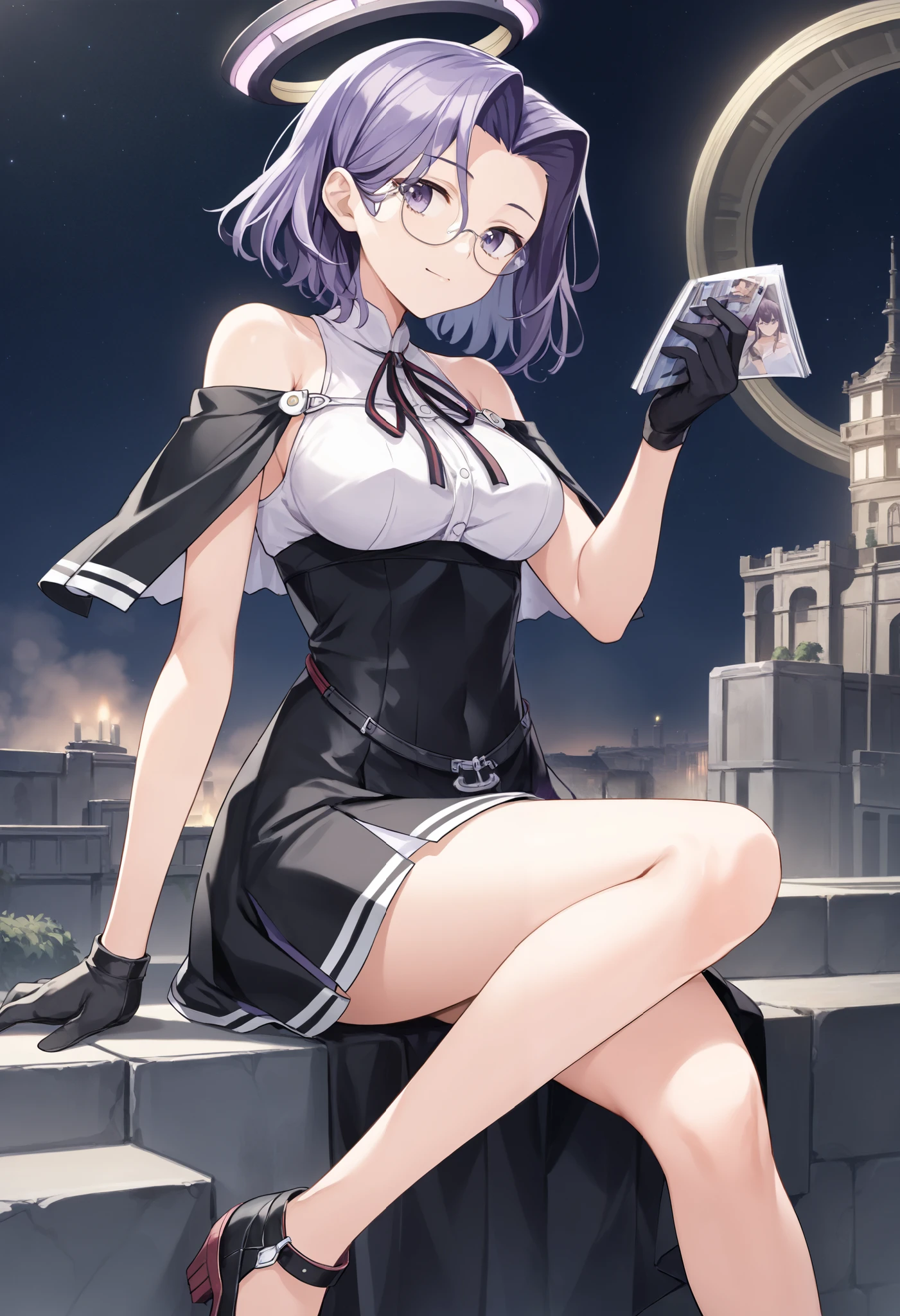 Ryuda Muji, tatsutakaini (kantai collection), score_9, score_8_up, score_7_up, score_6_up, source_anime, masterpiece, best quality, official art, official style, game cg, glasses magazine, rating_safe, rating_questionable, purple hair, halo, short hair, purple eyes, split bangs, , bare shoulders watching viewers, sleeveless, black dress, white shirt, black skirt, short dress , Bare legs, chest,