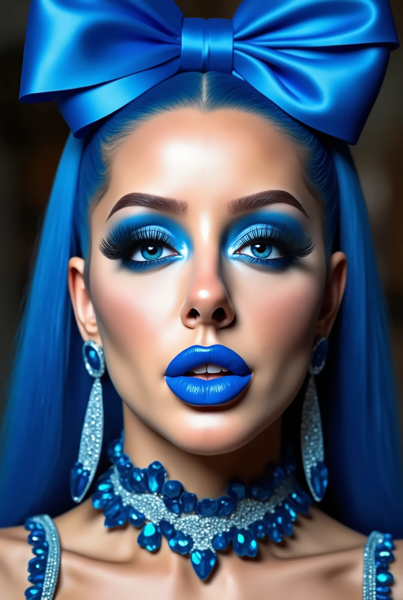 incredibly long and voluminous eyelash extensions, bright blue makeup, blue hair , diamond earrings , collar, blue lips, puckered lips, bow-shaped hair ,