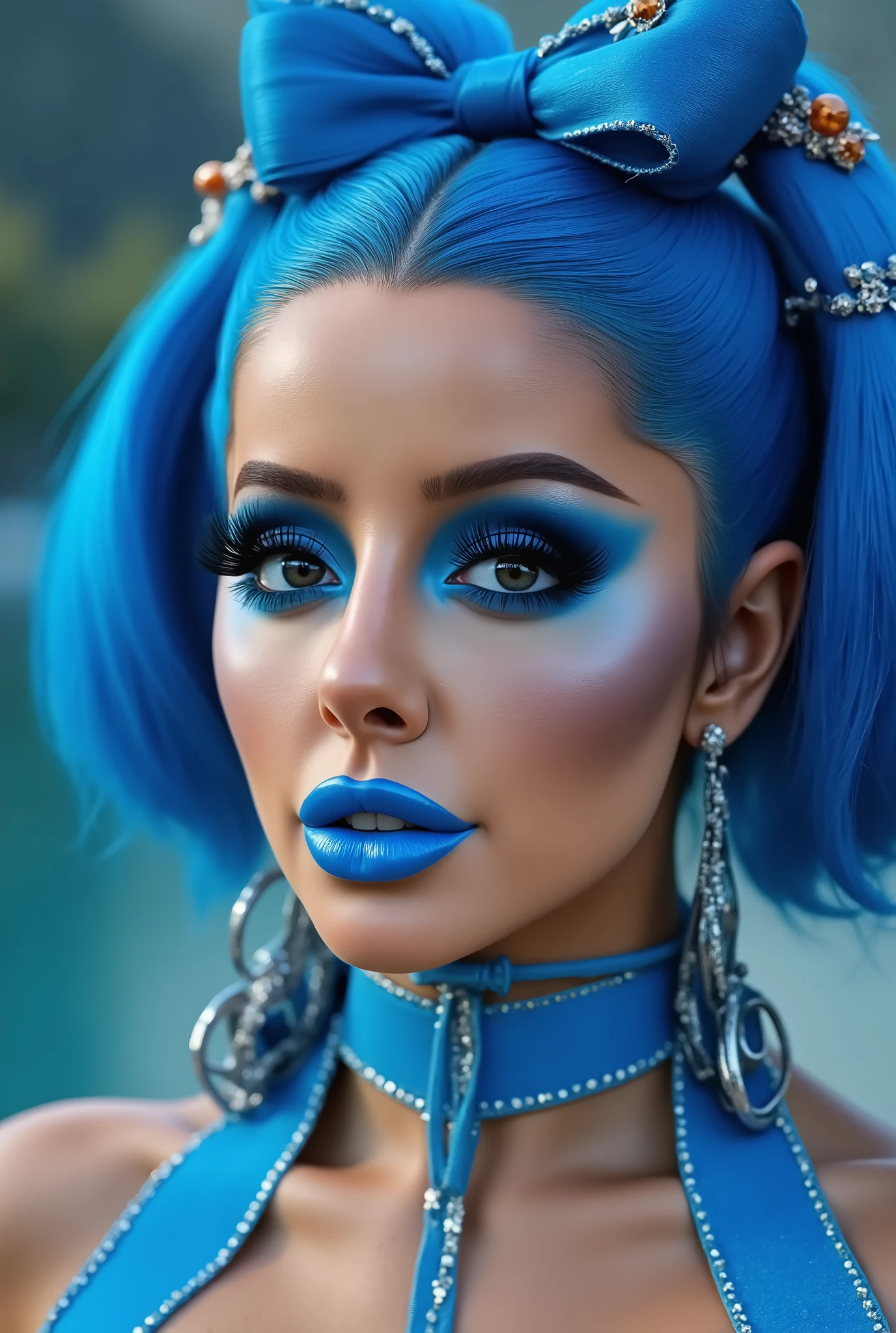 incredibly long and voluminous eyelash extensions, bright blue makeup, blue hair , diamond earrings , collar, blue lips, bow-shaped hair ,