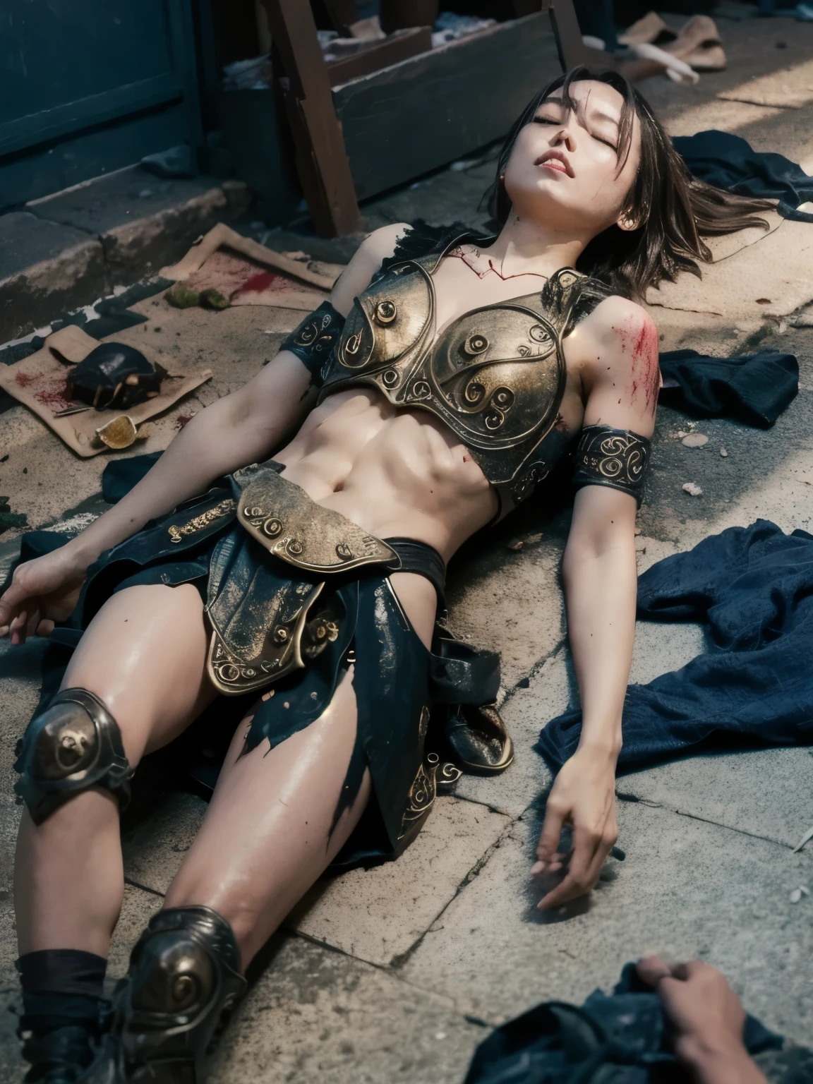 (((Realistic, masterpiece, best quality, crisp detail, high definition, high detail, sharp focus, perfect studio lightning))), 20 years old assassin,((( in the middle of a war, kasumi arimura, fighting stance))), wearing (((fully decorated golden armor, armored kimono, blood scattered face, blood tears, blood bath, blood shed))), (((fire everywhere, blood everywhere, death everywhere, japan bakumatsu period, dead bodies,carcass,burned japanese castle,hellish,chaos)) traditional village background)