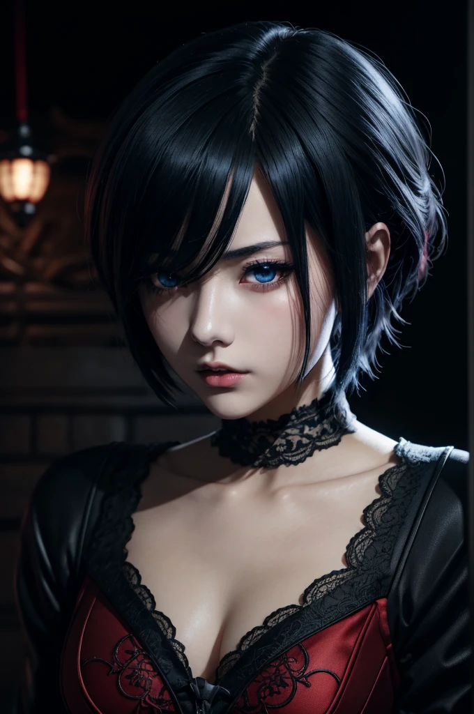 (best quality), 1boy, male, pale skin, black hair, short hair, tousled hair, messy bangs, bangs over eyes, blue eyes, perfect eyes, dark circles under eyes, lanky body, frown, goth boy, long sleeved black crop top, black earstuds, choker, masterpiece, anatomically correct, highres