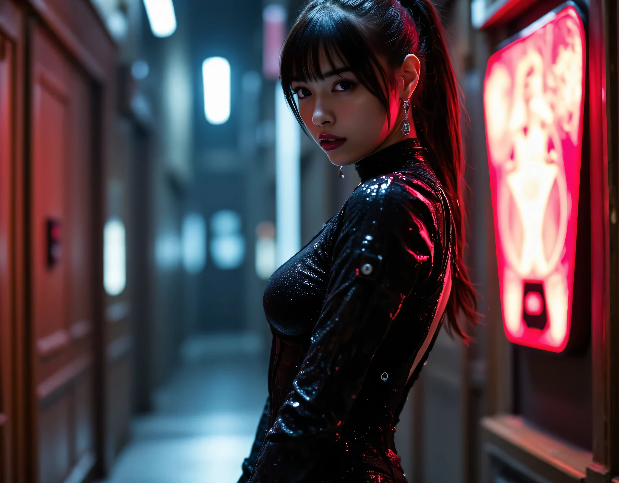 (((The dark Nostromo motorway at night:2.0))),((( HR Gigger Style Cyberpunk Atmosphere :2.0))),((Ride a tron style bike:2.0)),(((Ride on a big cyberpunk motorcycle:2.0))),side view from the back,Side pose,((looks back at the camera at the wedding hall at the church:2.0)),(( looking back over my shoulder :2.0)),Rear View,((full body:2.0)),one woman,(cute face),(Beautiful well-balanced face ),((long hair with bangs:2.0)),( black hair:1.5),(beautiful eyes:1.3),glamorous shot of a 20-year-old Japanese woman, Slender Beautiful Body ,((model body type:2.0)),(( slim body with hot water:1.7)),perfect body line,Ideal Proportions,(big breasts:2.0),Bare thighs,sensual thighs seen from below the crowd,delicate body,( Muscular:1.5),A harmonious posture,((Beautiful ass:2.0)),((cute ass:2.0)), ((((Bare ass :2.0)))),((( T-back :2.0))),(Realistic breast depiction :1.5),carefully depicts limbs based on perfect anatomy,((futuristic samurai style black super high leg leotard:2.0,((SUPER HIGH LEG LEOTARD MADE IN FIT CAMY STYLE LATEX:1.5)),((Samurai armor-style military jacket with an open front over a leotard:1.5)),(ear monitor:1.5),((Tactical Holster:1.5)),(gloves:1.3),concept art,(Best Quality:1.5),(masterpiece:1.5),(超高resolution),resolution,UHD,( delicate depiction), carefully drawn with butterfly wings ,32K,((realistic skin texture:1.5)),((( super realistic :1.5))), eyelashes,very detailed face,Highly detailed female hand,Very sensual,(Blurry Dim Backgrounds :1.5),professional photo shoot,(movie light:2.0),(( Blade Runner Style Lights :2.0))