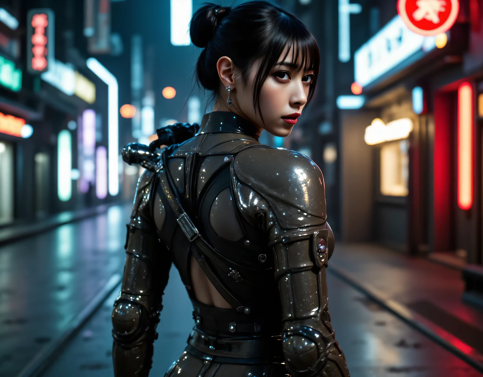 (((The dark Nostromo motorway at night:2.0))),((( HR Gigger Style Cyberpunk Atmosphere :2.0))),((Ride a tron style bike:2.0)),(((Ride on a big cyberpunk motorcycle:2.0))),side view from the back,Side pose,((looks back at the camera at the wedding hall at the church:2.0)),(( looking back over my shoulder :2.0)),Rear View,((full body:2.0)),one woman,(cute face),(Beautiful well-balanced face ),((long hair with bangs:2.0)),( black hair:1.5),(beautiful eyes:1.3),glamorous shot of a 20-year-old Japanese woman, Slender Beautiful Body ,((model body type:2.0)),(( slim body with hot water:1.7)),perfect body line,Ideal Proportions,(big breasts:2.0),Bare thighs,sensual thighs seen from below the crowd,delicate body,( Muscular:1.5),A harmonious posture,((Beautiful ass:2.0)),((cute ass:2.0)), ((((Bare ass :2.0)))),((( T-back :2.0))),(Realistic breast depiction :1.5),carefully depicts limbs based on perfect anatomy,((futuristic samurai style black super high leg leotard:2.0,((SUPER HIGH LEG LEOTARD MADE IN FIT CAMY STYLE LATEX:1.5)),((Samurai armor-style military jacket with an open front over a leotard:1.5)),(ear monitor:1.5),((Tactical Holster:1.5)),(gloves:1.3),concept art,(Best Quality:1.5),(masterpiece:1.5),(超高resolution),resolution,UHD,( delicate depiction), carefully drawn with butterfly wings ,32K,((realistic skin texture:1.5)),((( super realistic :1.5))), eyelashes,very detailed face,Highly detailed female hand,Very sensual,(Blurry Dim Backgrounds :1.5),professional photo shoot,(movie light:2.0),(( Blade Runner Style Lights :2.0))
