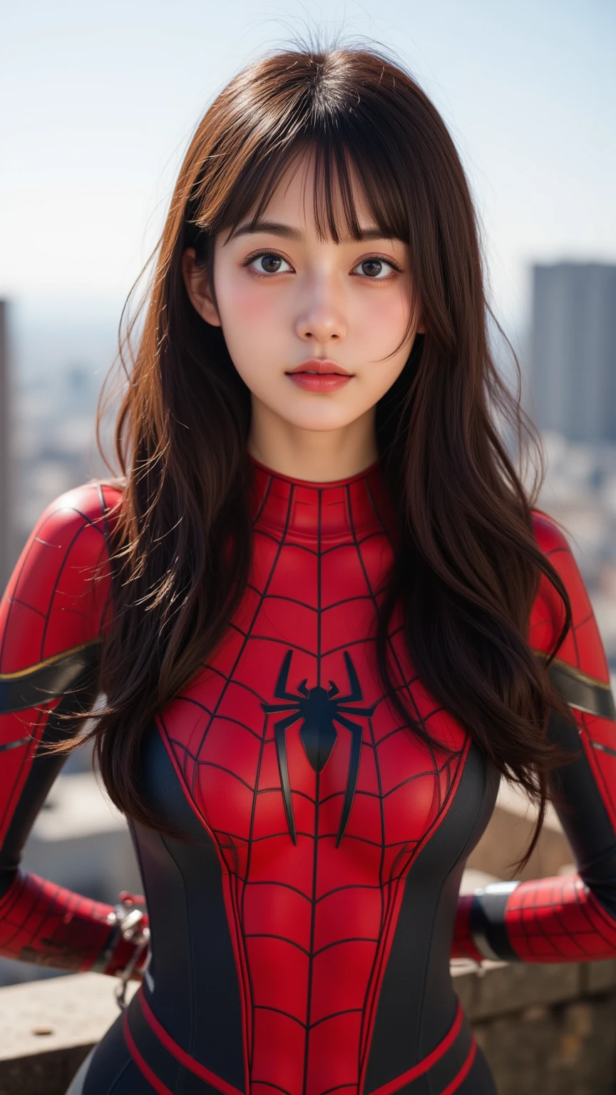 Japanese Girls, 20-year-old, Heavy makeup, Detailed face, Long Hair, Black Hair, Beautiful Eyes, Realistic, Face close-up, smile。Sexy pose, Wearing a rubber Spiderman costume(Marvel characters), 8K, Cinematic, Sexy Girl