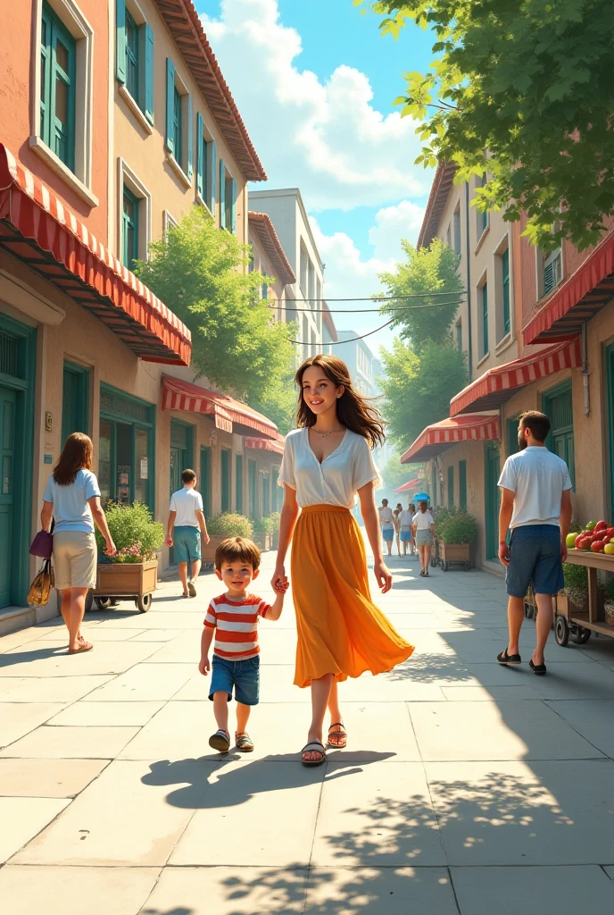 (8k, RAW photo, best quality, masterpiece: 1.2), (realistic, photo-realistic: 1.37), highly detailed, mother and son is walking on a crowded street, (mother : long dress), (son : casual clothes)