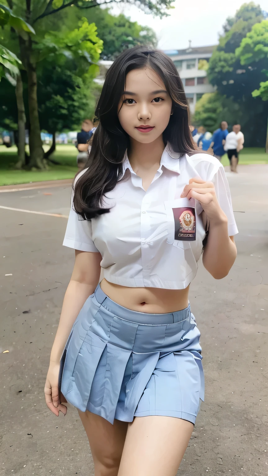 1girl, (Indonesian_high_school_uniform), distance from audience, detailed face, detailed eyes, thick huge breasts, detailed skin, looking at Viewer, clear light, (8k, RAW photo, best quality, masterpiece: 1.4), (realistic, realistic: 1.37), ultra-high resolution, photorealistic, high resolution, solo, wide muscular hips, realistic face, (detailed face), sexy pose, black hair Color, view from below, (busty), six pack belly, large breasts, full body angle, 19-years-old-girl, perfect thighs, standing in the middle of park, wearing sexy short skirt, wearing open-button shirt, asian goddess, long hair, straight hairstyle, muscular belly, thick wide muscular hips, muscular arm, full body view, curvy body, tall body, smooth body, smooth legs, open legs, smooth skin
