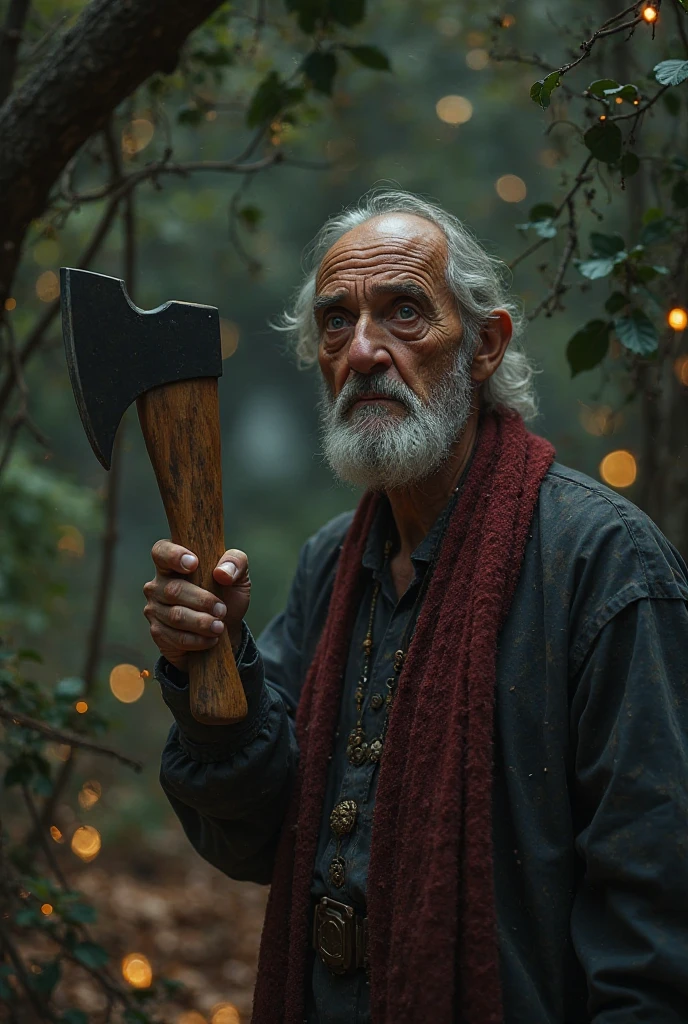 the legs of a grandfather with a bloody apron and from behind, peeking out, a girl appears covered in blood with a knife in her hand and on the other side of the grandfather appears a dwarf with a terrifying mask, full of blood, with a head in the hand