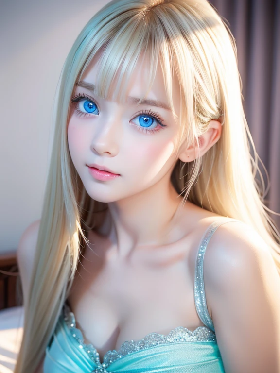 Crystal clear and shiny skin、13 years old, cute, sexy, , beautiful face、Very large, beautiful, bright, pale sky blue eyes、Very big eyes、Long straight hair that shines in the light、Long, silky bangs that cover her cute eyes、Hair that hides sexy features、Too long hair、Sexy and cute young beautiful girl、Super long natural young blonde hair with sparkling highlights Blonde over one eye Blonde over one eye、Blonde hair between the eyes