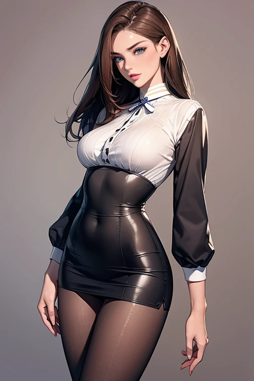 girl, , beautiful, slender, sexy, makeup, long hair, huge breasts, office style clothes, tight clothes, jacket, shirt, skirt, stockings, unbuttoned top buttons of a shirt, hentai,