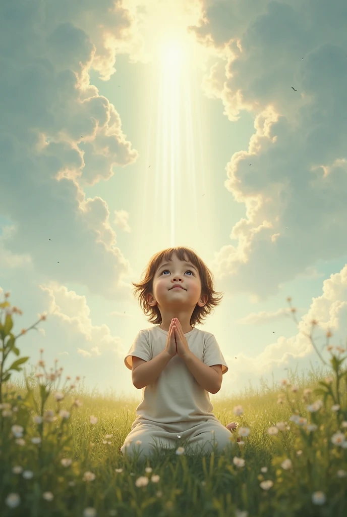 Child praying to Jesus with clean environment around