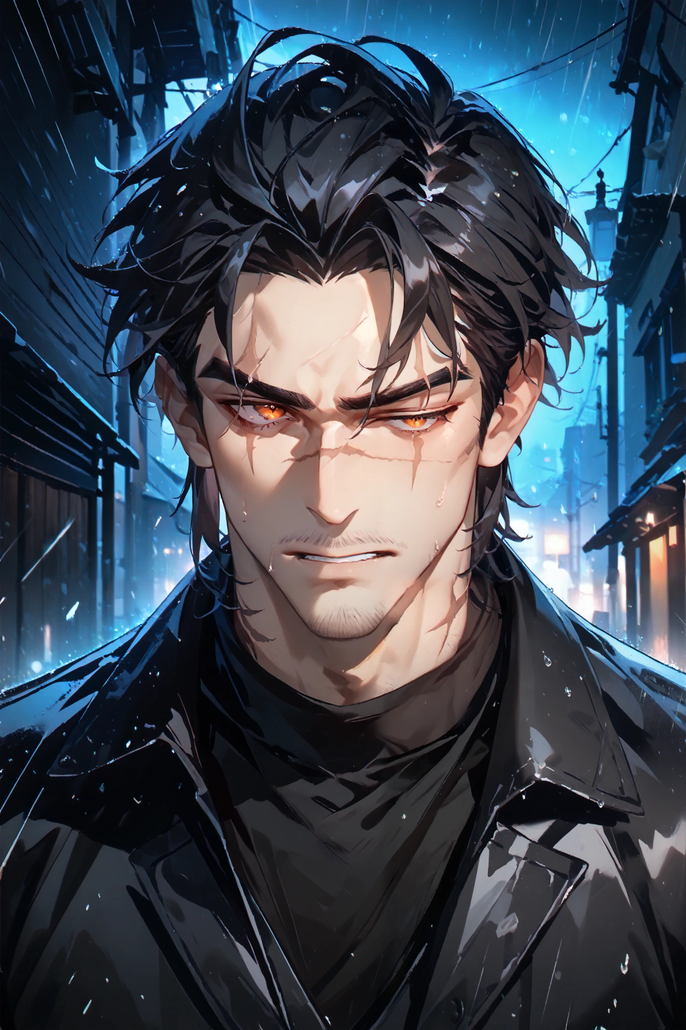 portrait, solo, 1boy, dark orange eyes ((Eyes with high detail, no defects, pupils of equal size)), scared face, big eye scar, scar on lip, scar on neck, scar on cheek, scar on forehead, mafia, cold gaze, one eye closed, brutal, strong, manly, athletic, black hair, short hair, spicy hair, mature, daddy, beard, stubble, black raincoat, black shirt, black gloves, dark alley, mess, night, storm, rain, outdoors, particles, fractal, best quality, 8k, highres, masterpiece, ultra-detailed, dramatic lighting