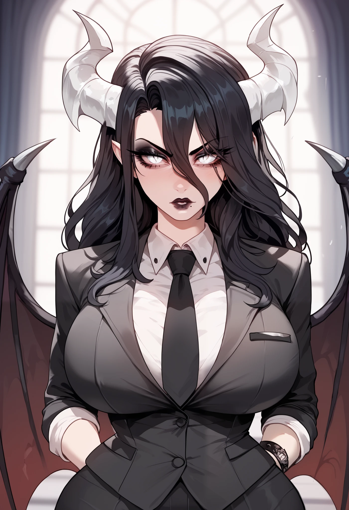 master masterpiece, 4k, highly detailed, subsurface scattering, extremely detailed face, black_hair, slit_pupils, hair_between_eyes, long_hair, curvy_horns, silver horn, black_demon_wings, white eye, no pupil, low_wings mature woman, long hair, pony tail, black hair, mole under eyes, sassy, goth, huge breast, necktie, gloves, suit, shirt, vest, coat