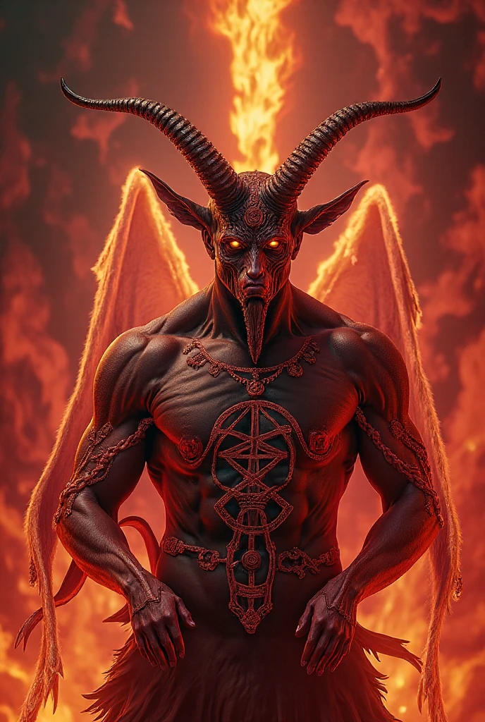 a old devil
In hell with red fire and evil sign background
With a big and thick blue Star of David necklace
With many evil tattoos on arms and legs
The number 666 is written in blood on his stomach
with horns
With open mouth and tongue out
With sharp teeth
with long and sharp ears
Happy and angry face
With bloody hands
A snake is wrapped in a hand
a thin weak body
with a bent back