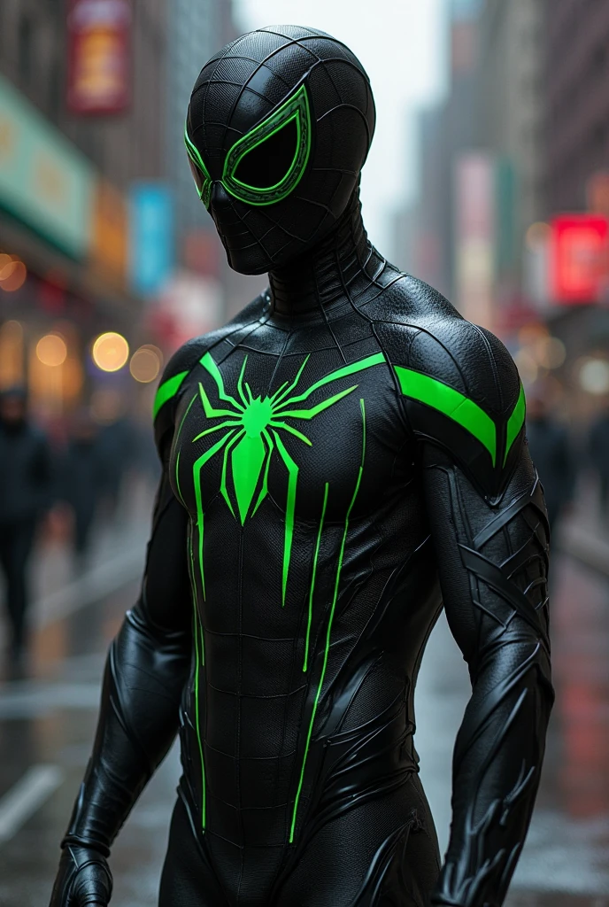 Spider man with a navy color with a navy hood with green stripes and on top of the empire state building