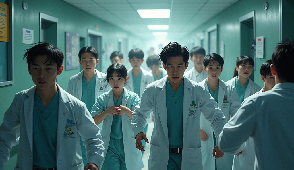 Five nurse boys stand facing forward with hands on each other's shoulders. The pic should be cinematic.