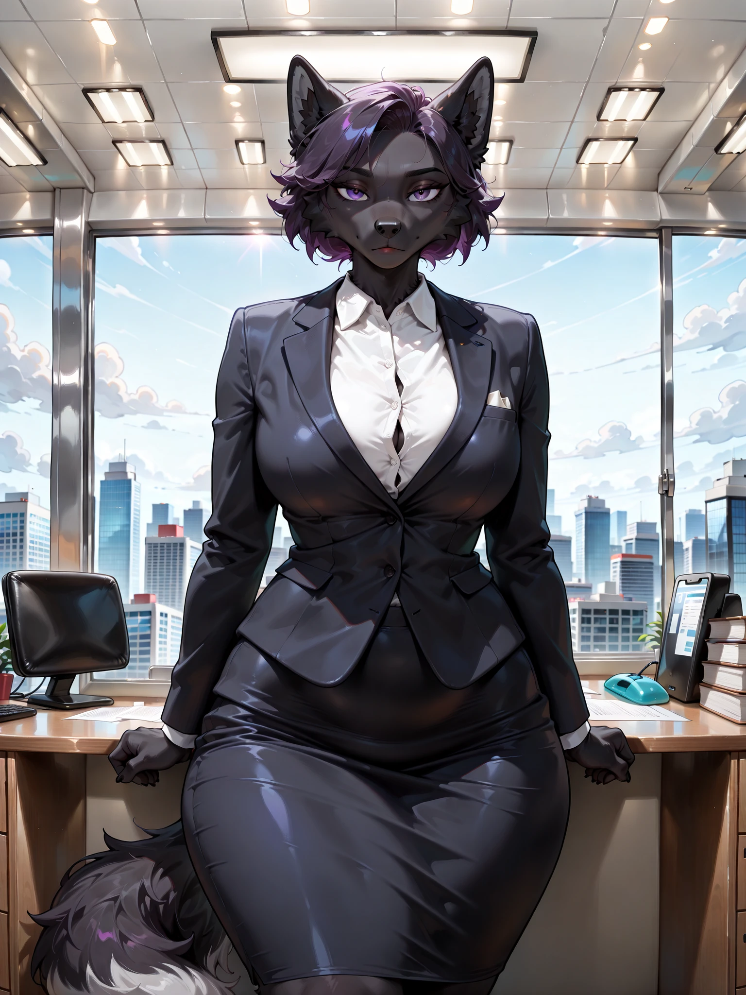 (masterpiece quality, best quality, high resolution:1.1), female, (solo, 1 black wolf anthro:1.5), long muzzle, (dark black fur:1.5), (dark purple eyes:1.15), perfect anatomy, short hair, long ears, (adult, mature, boyish, beautiful, emotionless, fluffy), (furry features), (tall:1.1), (business suit, white shirt, suit jacket, tight skirt, secretary:1.15), polite, humble, (looking at viewer:1.1), (at office:1.25), (at big city, skyscrapers, detailed background:1.1)