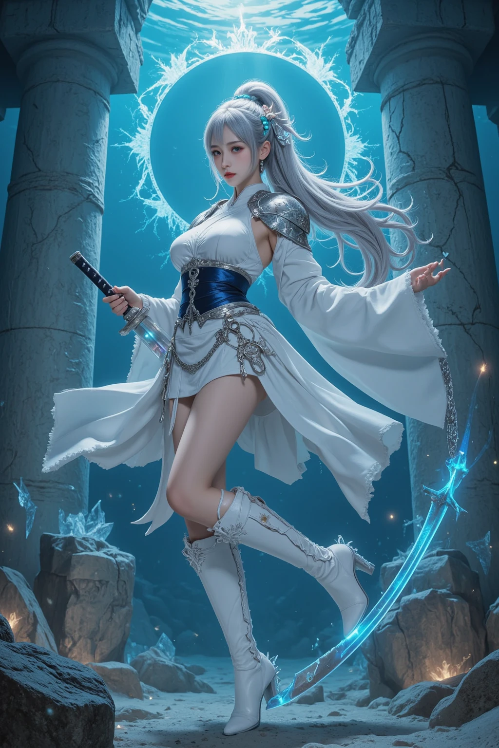 (master piece:1.8), (best quality:1.8), (exquisite lighting and shadow, highly dramatic picture, cinematic lens effect) 8k, wallpaper, looking at the viewer, female long silver hair waving in the air thin and tall young fantasy witch lady wearing a futuristic dark gray large tunic with white ornaments and very long tunic sleeves, large dress with white ornaments, white lines in dress, with a big light gray pointy magician hat with a big blue gem in the center, holding a middle magic staff with a big gem, thin waist, notorious hips, serious look in the eyes, beautiful eyes, beautiful lips, blue shiny energy lake background, blue glowing mist behind, blue stars, blue energy flying spots behind, ethereal lightning, sharp focus