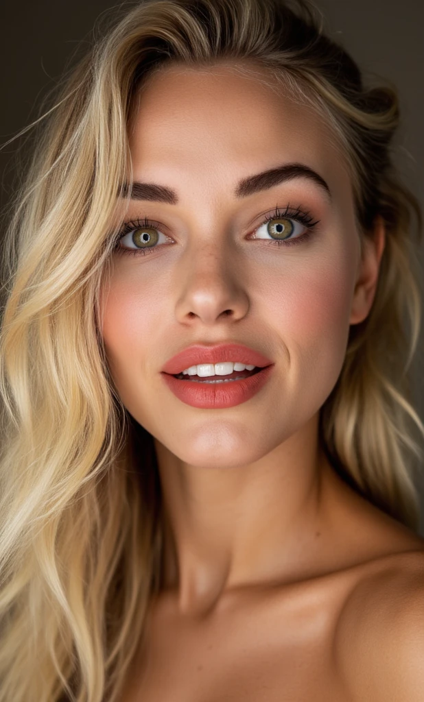 closeup of a female ’s face wearing red lipstick and smiling softly, naturally blonde hair, wearing transparent bra