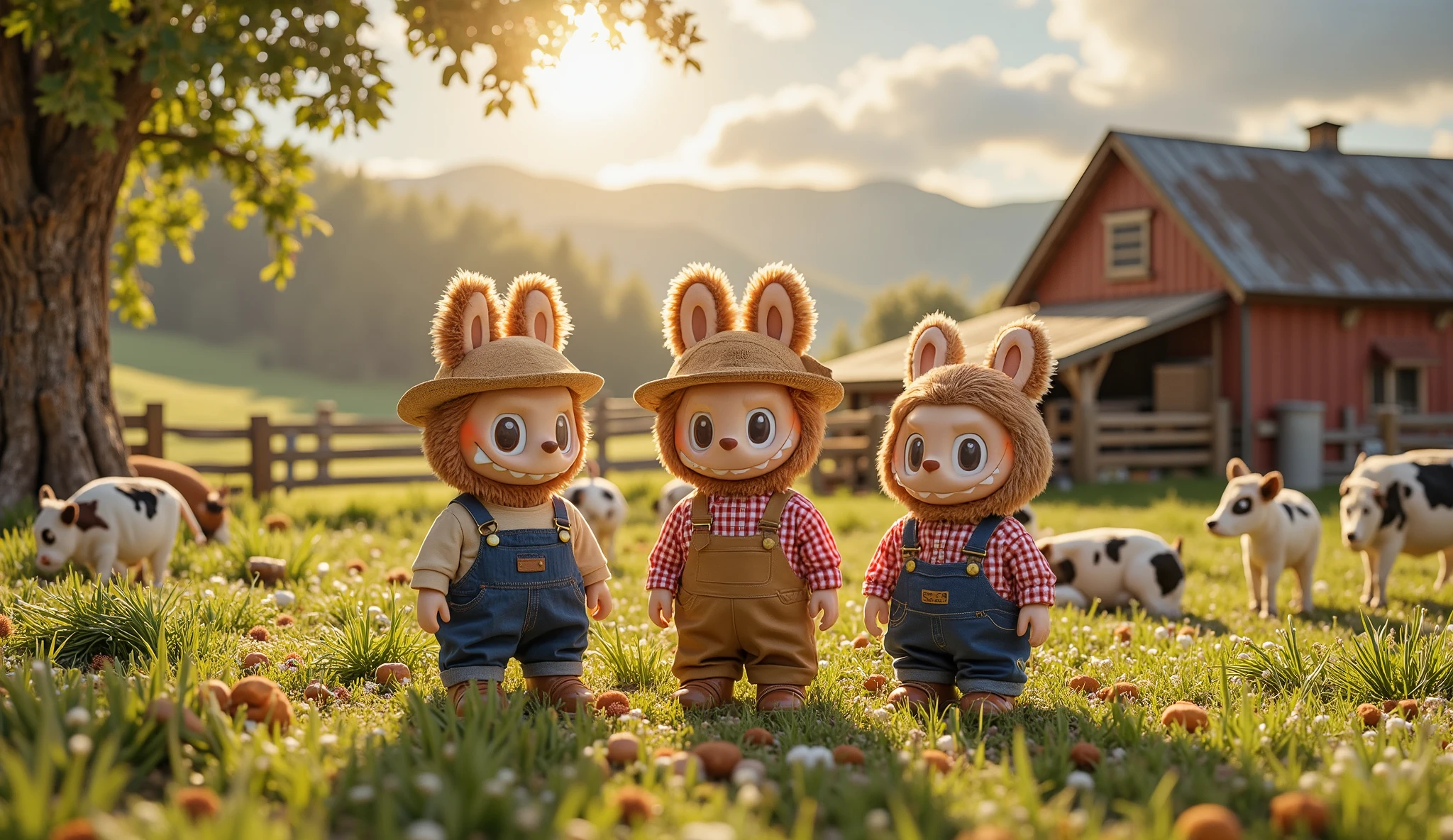 Labubu with red, yellow, and brown fur stand side by side, each dressed in a charming cowherd outfit, blending perfectly with the rustic surroundings of the cattle farm. Their outfits consist of checkered shirts tucked into sturdy denim overalls, fastened with brass buttons, and completed with small leather boots dusted with the earth of the farmland. Each Labubu wears a straw hat slightly tilted on their heads, shading their expressive eyes as they gaze across the peaceful farm landscape.
Behind them, the farm is alive with the gentle sounds of nature. A wooden barn with a slanted roof stands tall, its deep red paint slightly faded from years of sun and rain. A wooden fence stretches along the property, enclosing a herd of dairy cows grazing on the lush green grass. Some cows lift their heads, lazily observing the small figures standing nearby, while a few calves rest under the shade of a broad tree, their tails flicking idly.
The late morning sun bathes the entire scene in a golden light, casting soft shadows that stretch across the rolling pastures. A soft breeze rustles through the grass, carrying the scent of fresh hay and earth. Birds chirp in the distance, adding to the farm’s tranquil atmosphere. The Labubu trio stands proudly, embodying the spirit of hardworking cowherds, ready to embrace the simple yet fulfilling life of tending to the farm.